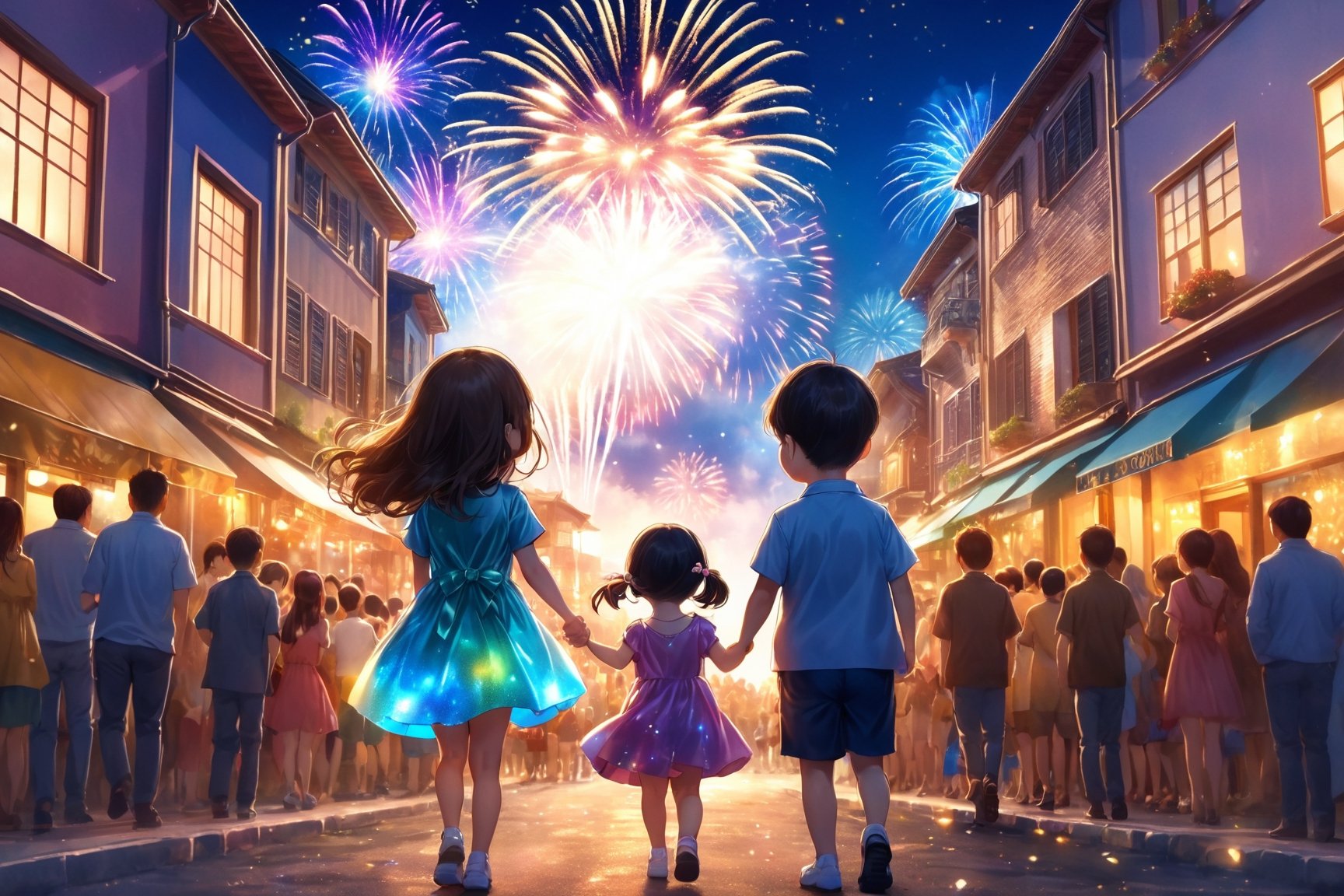 People,  girl,  boy,  The parade float has signs welcoming the New Year,  the atmosphere is fun and full of happiness. The sky was filled with colorful fireworks. In the front is a couple facing each other (Realistic:1.4),  illustration,  Adorable cloth, bioluminescent dress,shiny   (high quality:1.3),  (masterpiece,  best quality:1.4),  (ultra detailed,  8K,  4K,  ultra highres),  sharp focus,  professional dslr photo,  photoreal,  (Photorealistic:1.4),  UHD,  HDR,  volumetric fx,  ray tracing,  (((intricate details))),  extremely detailed CG,  perfect anatomy,  perfect face,  beautiful,  cinematic photo,  romantic tone,  vibrant colors,  perfect sky,  In front are dear friends hugging each other happily,  ((text as "Happy New Year 2024",  brush cute style, copper style)),  Text,  bioluminescent dress,shiny , glitter, gradient color all fluentcolor transparent cloth, bioluminescent dress,shiny, (professional photograpy:1.1),AiArtV, Dilireba