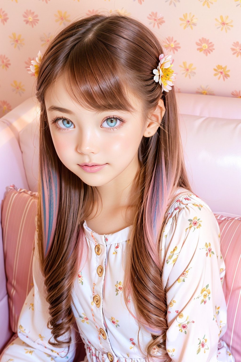 1girl,Tea bar machine, sofa,glass table, kawaii, (Realistic: 1.2), (illustration 1.2),long hair, ringed eyes, ((light particles)), (loli:1.2), rosy skin, (sofa flower pattern: 1.3), ((ultra-detailed hair)), blush, (cool color pallete:1.5), dim light, until dawn, brilliant colorAIDA_LoRA_apv2020