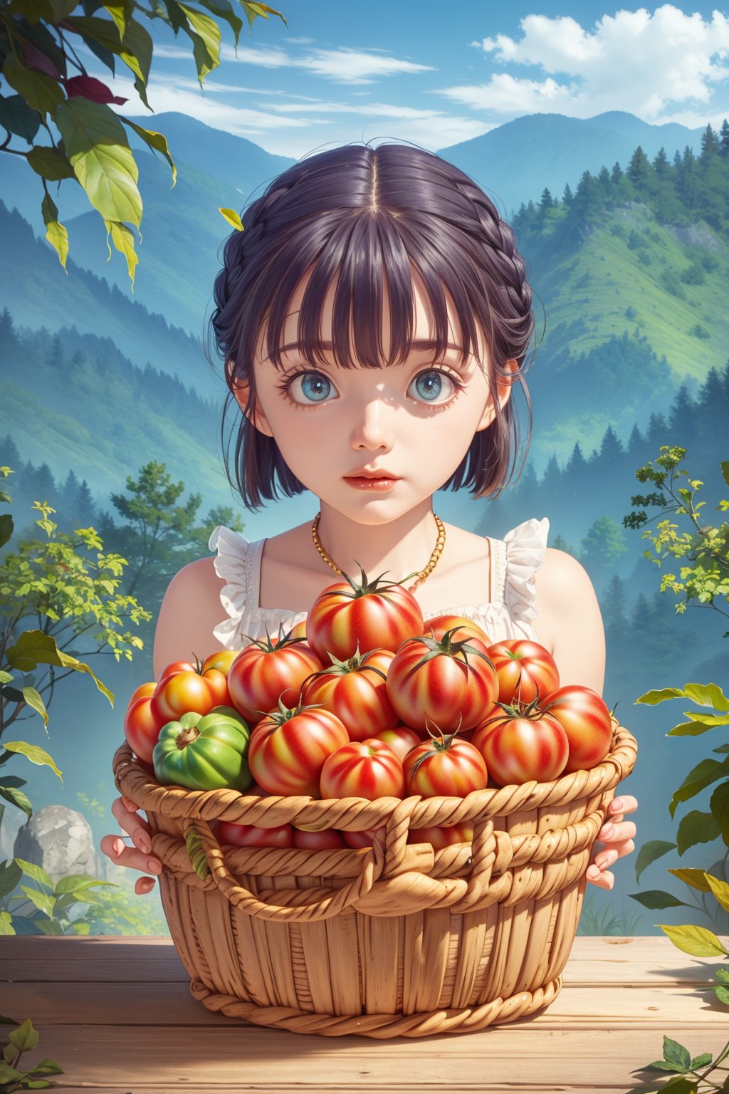 (best quality),(masterpiece:1.1),(extremely detailed CG unity wallpaper:1.1), (colorful cloth :1.3),(panorama shot:1.4),looking at viewer, from below, high res, detailed face, detailed eyes, 1 girl, solo, short-bob roughtly cut and two braided hair-bangs tied behind her head, cute hairstyle, full body, mountain forest , outdoors, (perfect fingers :1.4), perfect face, five fingers for each hand, fantasy, hugging basket , eggplant, tomato, 🥦,vegetables, fruit,Exquisite face,