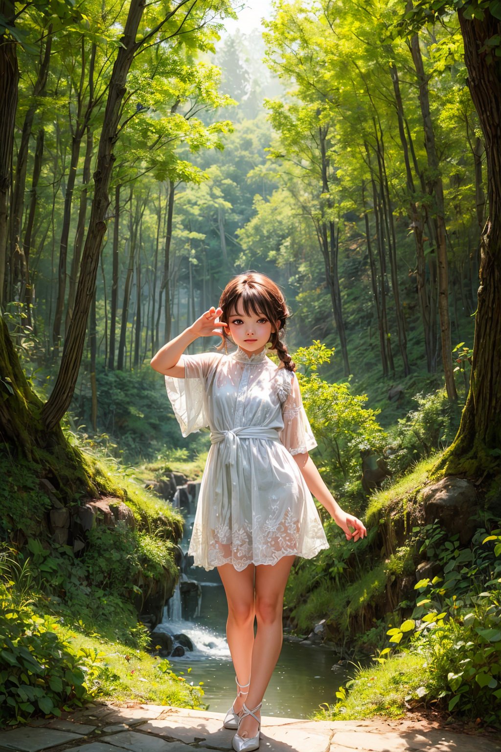 (best quality),(masterpiece:1.1),(extremely detailed CG unity wallpaper:1.1), (colorful cloth :1.3),(panorama shot:1.4),looking at viewer, from above, high res, detailed face, detailed eyes, 1 girl, solo, short-bob roughtly cut and two braided hair-bangs tied behind her head, cute hairstyle, full body, mountain forest , outdoors, (perfect fingers :1.4), perfect face, five fingers for each hand, (photo shoot pose :1.4), fantasy,Exquisite face,ffwendys