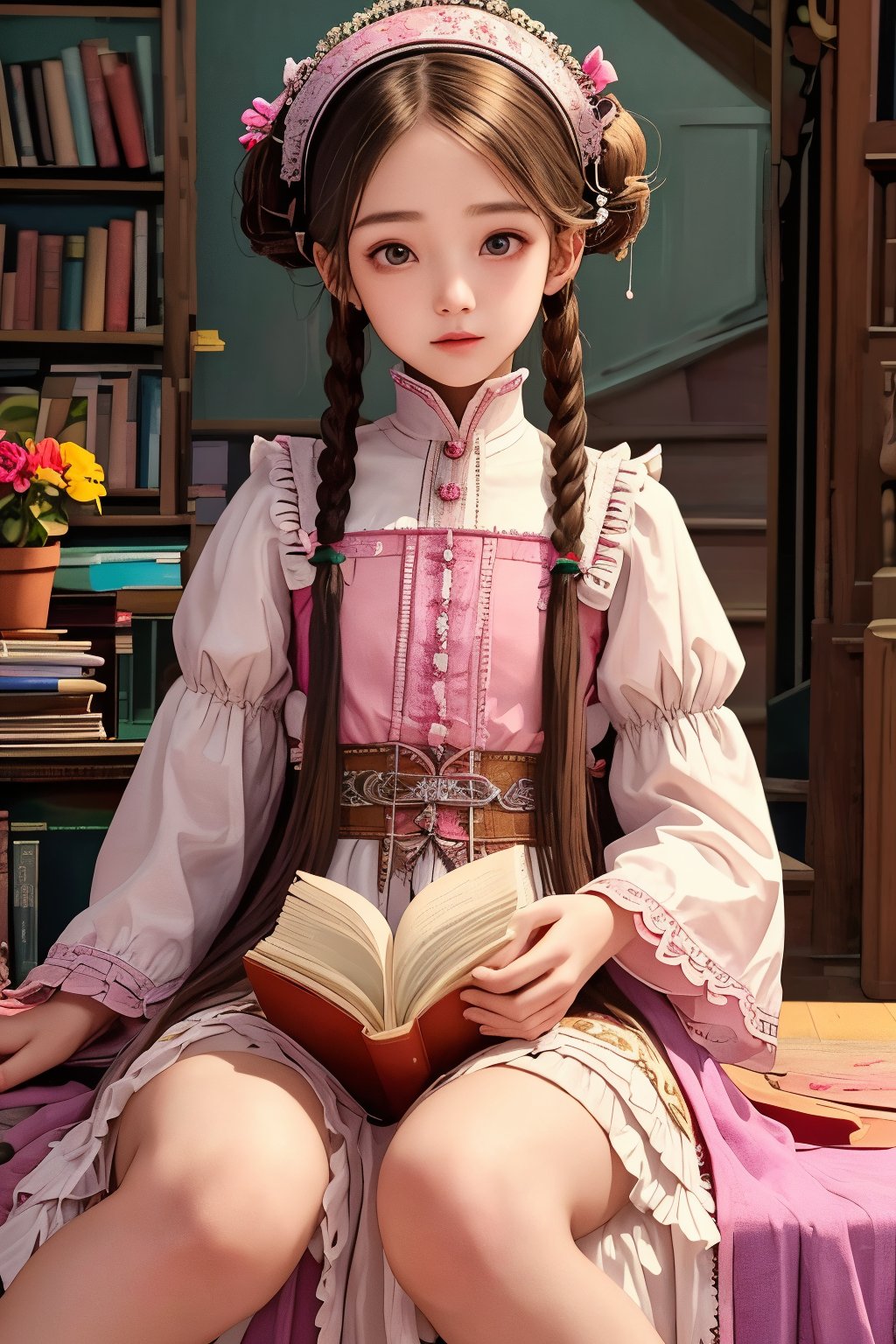 beautiful details, perfect focus,high resolution, exquisite texture in every detail, looking at viewer, blush, smile, bangs, copper eyes, hair ornament, purple hair, hair rings, twin braids, hair ribbon, hair between eyes, 
adorable girl dressed in a (Bisque Doll-like girl outfit: 1.1) The charming ensemble features a frilly collar and cuffs, with delicate lace details, ((1girl 15yo)), (female child, loli:1.3),  ((waist up body of Dilraba Dilmurat)), (Realistic: 1.2), (illustration: 1.2), (perfect eyes:1.3, perfect face:1.3), long eyelashes, perfect lighting, perfect shading, (best quality, masterpieces), (realphoto , photographic, 35mm f2.0:1.4),(Western, old school :1.2), fantasy, (beautiful girl:1.2), (beautiful face:1.2), (Small room, cluttered room, stairs:1.2),(book:1.6), Books are scattered all over the place, colorful dynamic, (sitting_on_stairs:0), sitting, (reading a book, looking at book,looking at another:1.4), expressionless, dutch angle, barefoot, side lighting, dynamic color hair,
(ultra-detailed, vivid colors,soft lighting, digital illustration) expressions, (dreamy atmosphere, colorful surroundings), digital art, 8K, 16K, cool wallpaper, things, jasmine, pillows, clutter, wood toy, sharp focus, HDR, Add more details,