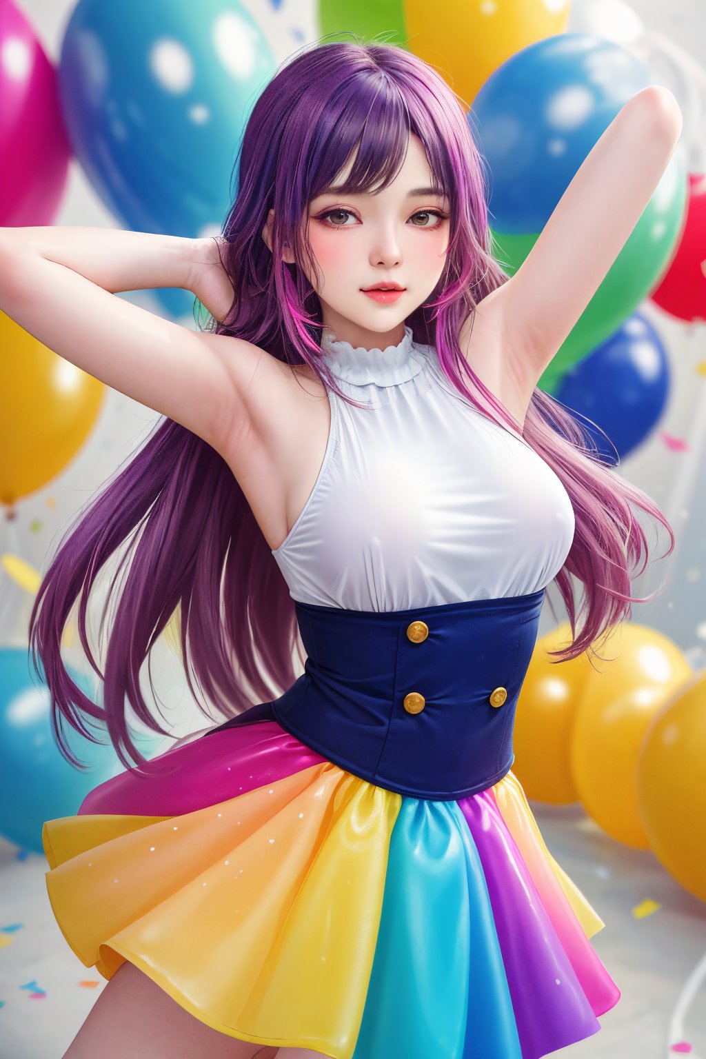 masterpiece, best quality, incredibly absurdres, 1girl, colorful balloon, macaroni, sweet cake, ,dynamic pose, happy, closed mouth, cute casual outfit, very long hair, multi colored hair, confetti, upper body, bangs
