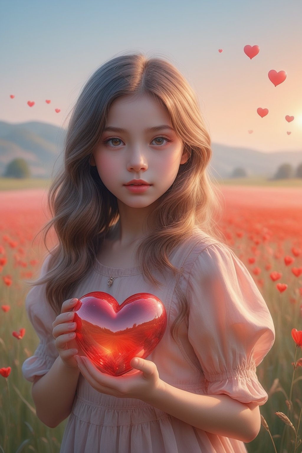 (masterpiece), (absurdres:1.3), (ultra detailed), HDR, UHD, 16K, ray tracing, vibrant eyes, perfect face, award winning photo, A silhouette of a young girl with flowing hair, standing in a field. She holds a red heart-shaped object, possibly a flower, in her hand. The background is framed within a heart shape, with a gradient of colors transitioning from a light beige at the top to a darker hue at the bottom. The overall mood of the image is serene and dreamy, evoking feelings of love and tranquility., painting, conceptual art, illustration shiny skin, (shy blush:1.1), (dynamic action pose:1.3) ,slightly smile, lens flare, photo quality, big dream eyes, ((perfect eyes, perfect fingers)) ,kawaii, (Sharp focus realistic illustration:1.2), adorable,