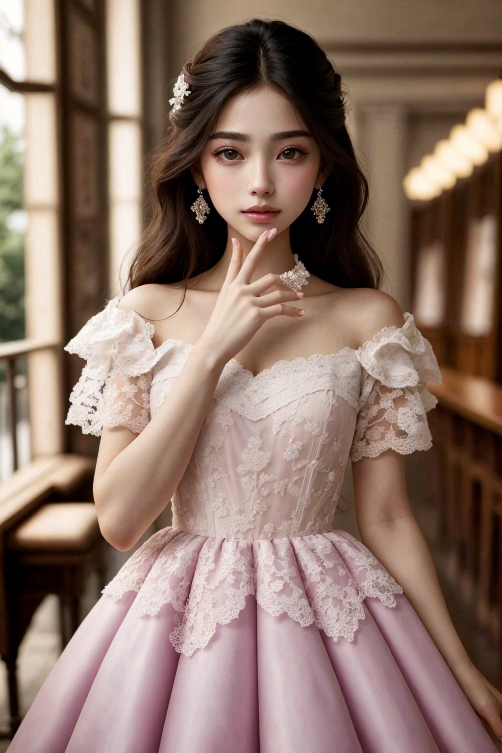 ultra detailed,  (masterpiece,  top quality,  best quality,  official art, perfect face:1.2),  UHD,(cinematic, azure and light pink:0.85), 32K, (Beautifully Detailed Face and Fingers), (Five Fingers) Each Hand,  (muted colors,  dim colors), vanilla dress, young beautiful girl, dynamic posing, old Library, magic, potions shop, art, 1girl, Haute_Couture,AoiDef,