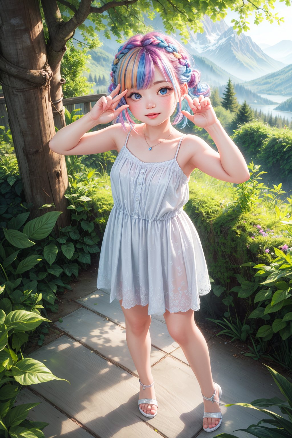 (best quality),(masterpiece:1.1),(extremely detailed CG unity wallpaper:1.1), (colorful cloth :1.3),(panorama shot:1.4),looking at viewer, from above, high res, detailed face, detailed eyes, 1 girl, solo, short-bob roughtly cut and two braided hair-bangs tied behind her head, cute hairstyle, full body, mountain forest , outdoors, (perfect fingers :1.4), perfect face, five fingers for each hand, (photo shoot pose :1.4), fantasy,Exquisite face,wendy (wendys),ladybug