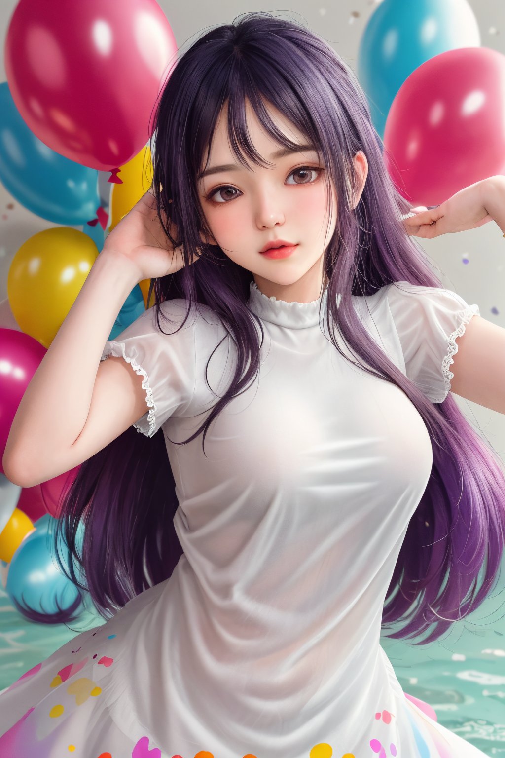 masterpiece, best quality, incredibly absurdres, 1girl, colorful balloon, macaroni, sweet cake, ,dynamic pose, happy, closed mouth, cute casual outfit, very long hair, multi colored hair, confetti, upper body, bangs
