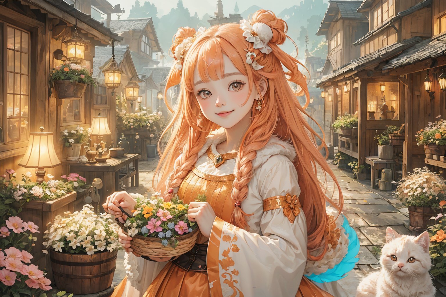 (best quality, ultra-detailed, cute animals,vivid colors,soft lighting,digital illustration,fluffy fur,playful expressions,adorable poses,dreamy atmosphere, colorful surroundings), (hime cut:1.5), digital art, child, cute cat, 16K, cool wallpaper, bun hair, things, jasmine, pillows, clutter, toy, basket, long hair, wood, pot, can copper, garden yard, circle face, smile, sharp focus, HDR, Add more details