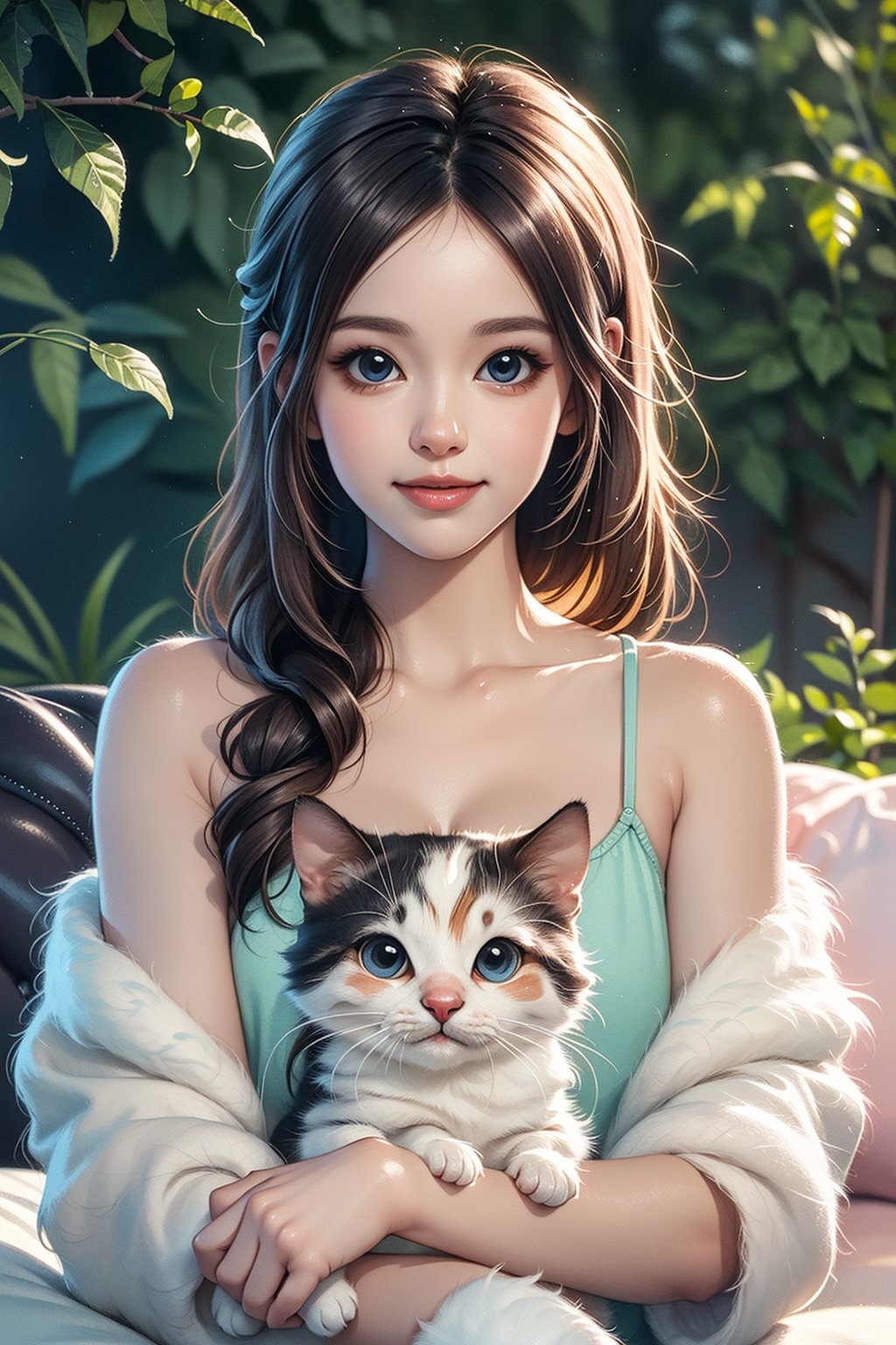 (best quality,ultra-detailed,cute animals,vivid colors,soft lighting,digital illustration,fluffy fur,playful expressions,adorable poses,dreamy atmosphere,colorful surroundings), (art by Makoto :1.5), digital art, child, cute cat, 16K, cool wallpaper, things, jasmine, pillows, clutter, toy, basket, wood, pot, can copper, garden yard, circle face, smile, sharp focus, HDR,(cute long hair fashion style :1.4) ,onitsuka, Add more details