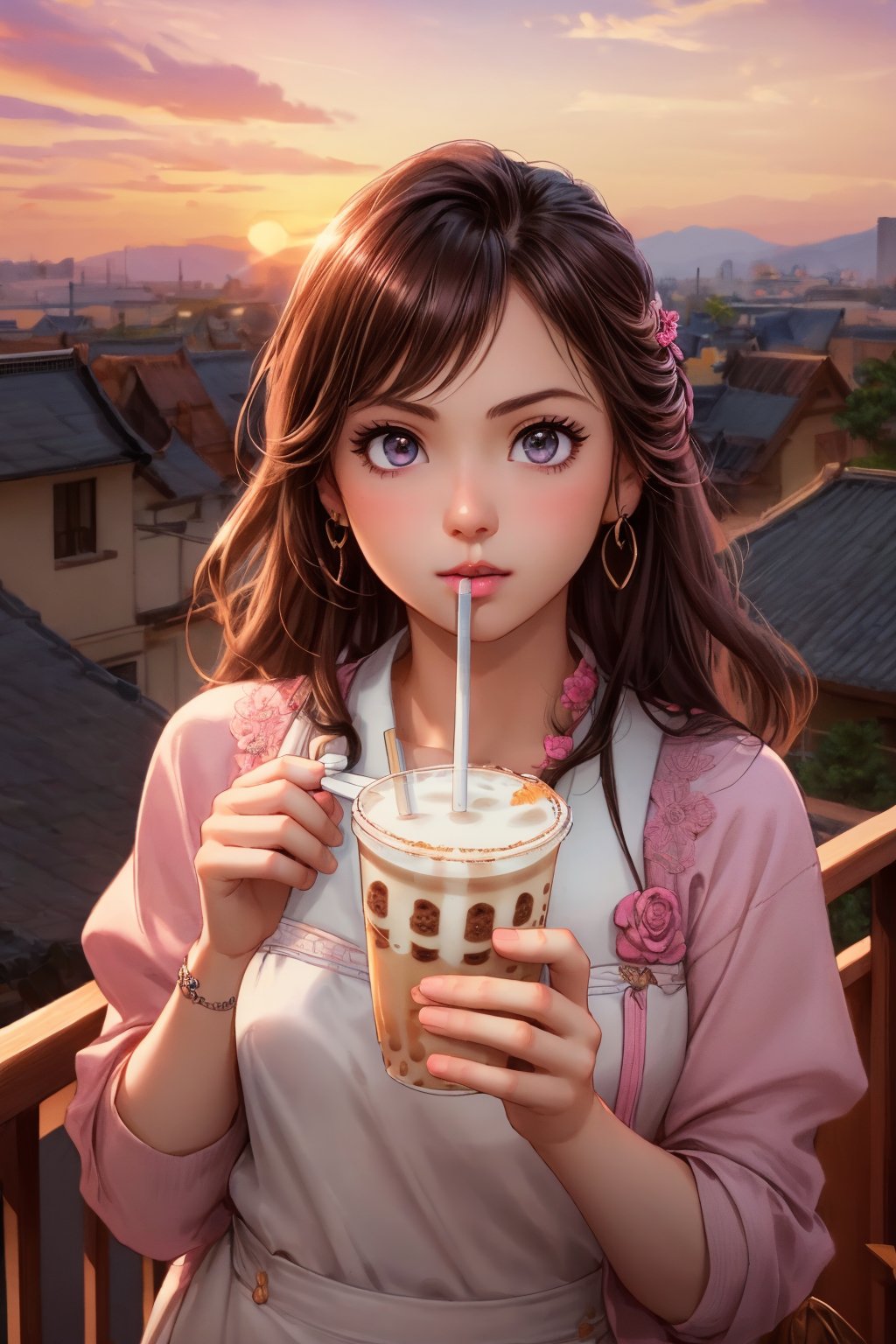 Adorable girl, perfect face, (best quality, masterpieces:1.3), (beautiful and aesthetic:1.2), colorful, dynamic angle, (Realistic:1.4), illustration, (high quality:1.3), (ultra detailed, ultra highres), 32K, (Beautifully Detailed Face and Fingers), (Five Fingers) Each Hand, sharp focus, professional dslr photo, photoreal, Thailand house style, (1 drinking straw, milk tea or other ,food on the balcony outside the room:1.5), See the evening view, forehead jewel, rose jewelry, nice hand, nice fingers, adorable style fashion, volumetric fx, ray tracing, (((intricate detailed))), extremely detailed CG, (hyper realism, soft light, dramatic light, sharp, HDR, UHD), perfect image, vivid color, (extra wide shot :1.5), (official art, extreme detailed, highest detailed), more detailed, Thai food style,sweets desert,(colorful pink-yellow sky), rosy skin, dream eyes, line art, 1girl,cute,tot-rose,hirose yasuho,Exquisite face,Abby P