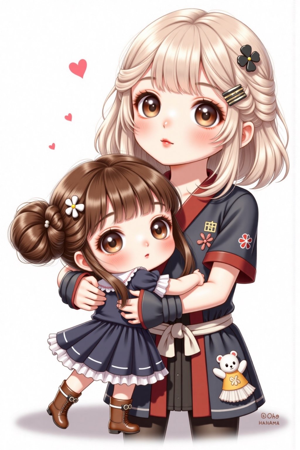 A cute girl,  bubbly chibi-style illustration of a small character with exaggeratedly big eyes,  (hugging a giant figure m...