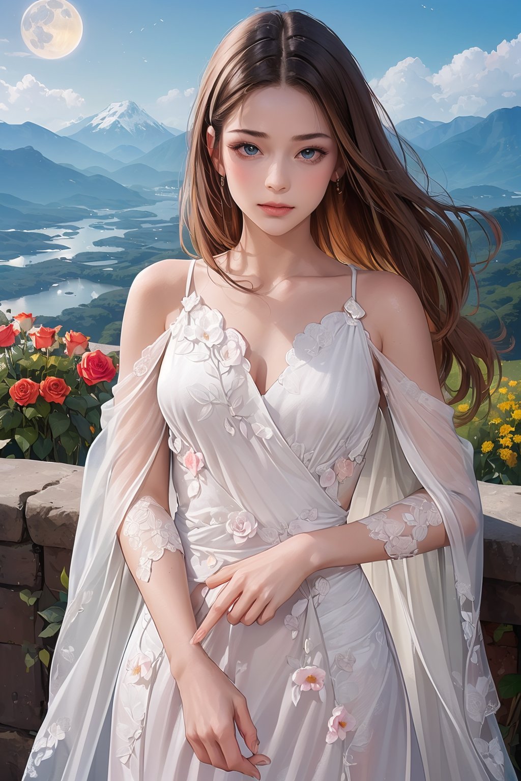 ultra detailed, (masterpiece, top quality, best quality, official art, perfect face:1.2), UHD, cinematic, (muted colors, dim colors), perfect face, perfect eyes, long-lenses photograph, realistic, 8K, 16K, with mountains and valleys, sun and the moon skimpy silhouettes romantically kissing in the sky that is both day wand night , heart, romance, ((flowers, light rose , Plumeria)), stunning light, wind is blowing, couple, (1girl shiny long hair, long dress:1.4), (1boy short hair style, smart costume :1.4), photorealistic, masterpiece, couple, romance, (detailed delicate intricate and ornated long emerald pink renaissance costume), (classic romance novels),Line art,FANTASY 