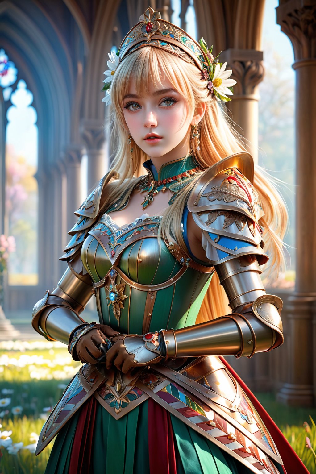 (masterpiece), (absurdres:1.3), (ultra detailed), HDR, UHD, 16K, ray tracing, vibrant eyes, perfect face, award winning photo, 1 girl with long hair, blond-green hair with bangs, bronze eyes, detailed face, wearing a fancy ornate (((folk dress))), shoulder armor, armor, glove, hairband, hair accessories, striped, (holding the great weapon:1.7), jewelery, thighhighs, pauldrons, side slit, capelet, vertical stripes, looking at viewer, fantastical and ethereal scenery, daytime, church, grass, flowers. Intricate details, extremely detailed, incredible details, full colored, complex details, hyper maximalist, detailed decoration, detailed lines, best quality, dynamic lighting, perfect anatomy, realistic, more detail, ,Architect, shiny skin, (shy blush:1.1), (dynamic action pose:1.3) ,slightly smile, lens flare, photo quality, big dream eyes, ((perfect eyes, perfect fingers)) ,kawaii, (Sharp focus realistic illustration:1.2), holding stuff, 