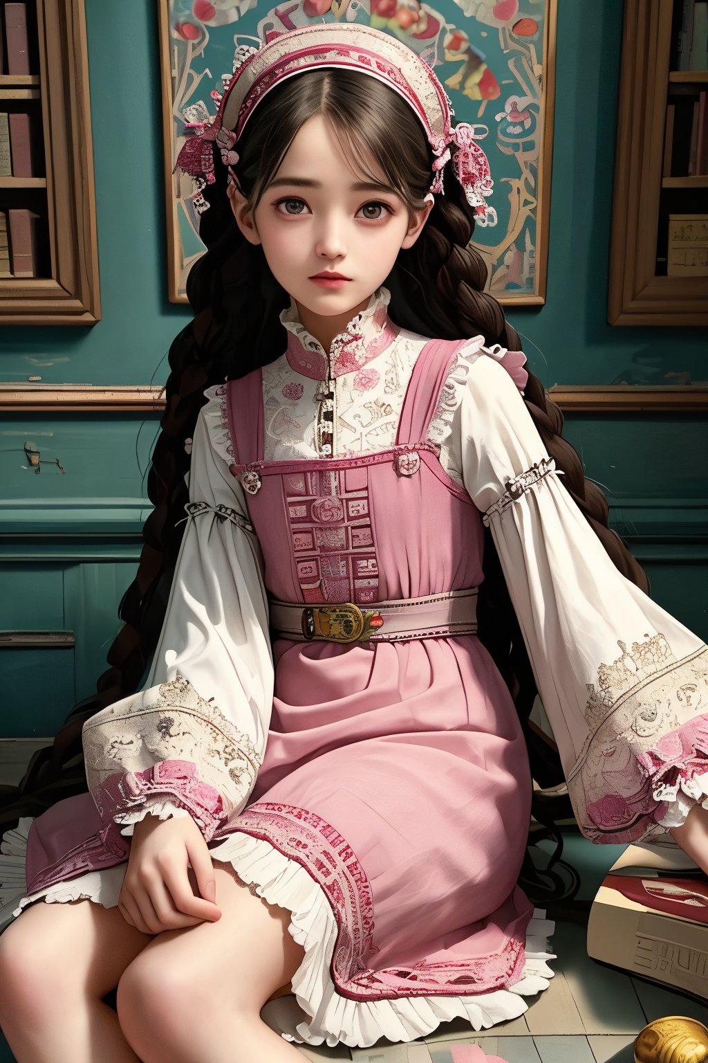 beautiful details, perfect focus,high resolution, exquisite texture in every detail, looking at viewer, blush, smile, bangs, copper eyes, hair ornament, purple hair, hair rings, twin braids, hair ribbon, hair between eyes, 
adorable girl dressed in a (Bisque Doll-like girl outfit: 1.1) The charming ensemble features a frilly collar and cuffs, with delicate lace details, ((1girl 15yo)), (female child, loli:1.3),  ((waist up body of Dilraba Dilmurat)), (Realistic: 1.2), (illustration: 1.2), (perfect eyes:1.3, perfect face:1.3), long eyelashes, perfect lighting, perfect shading, (best quality, masterpieces), (realphoto , photographic, 35mm f2.0:1.4),(Western, old school :1.2), fantasy, (beautiful girl:1.2), (beautiful face:1.2), (Small room, cluttered room, stairs:1.2),(book:1.6), Books are scattered all over the place, colorful dynamic, (sitting_on_stairs:0), sitting, (reading a book, looking at book,looking at another:1.4), expressionless, dutch angle, barefoot, side lighting, dynamic color hair,
(ultra-detailed, vivid colors,soft lighting, digital illustration) expressions, (dreamy atmosphere, colorful surroundings), digital art, 8K, 16K, cool wallpaper, things, jasmine, pillows, clutter, wood toy, sharp focus, HDR, Add more details,