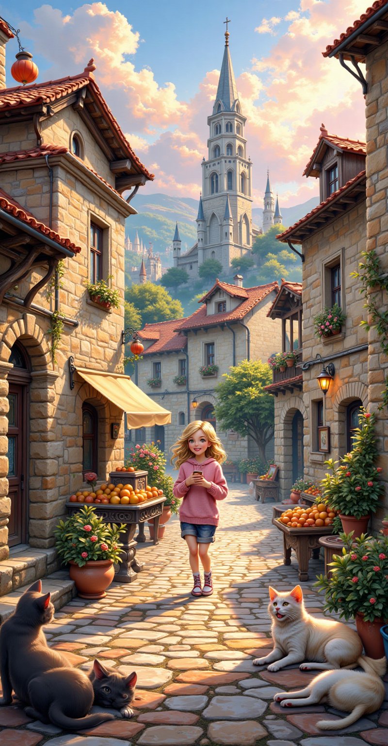 a picturesque village or ancient city . The first light of day illuminates the stone facades and worn tiles of the houses...