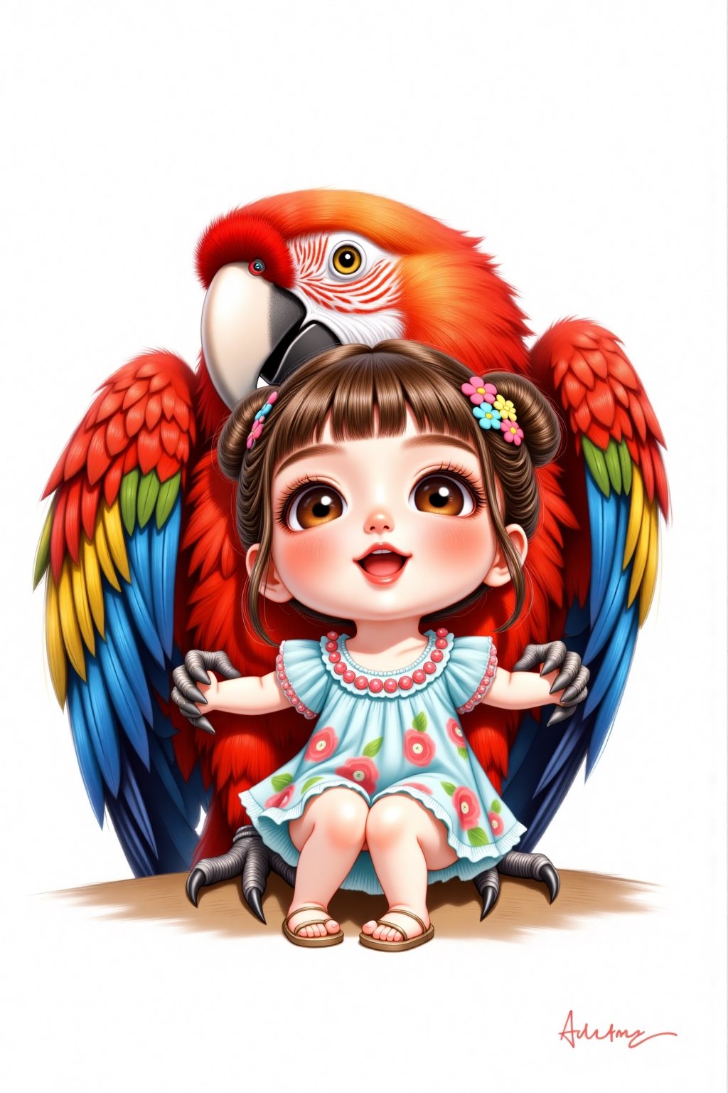 A cute,  bubbly chibi-style illustration of a small character with exaggeratedly large eyes,  (gleefully hugging a giant S...