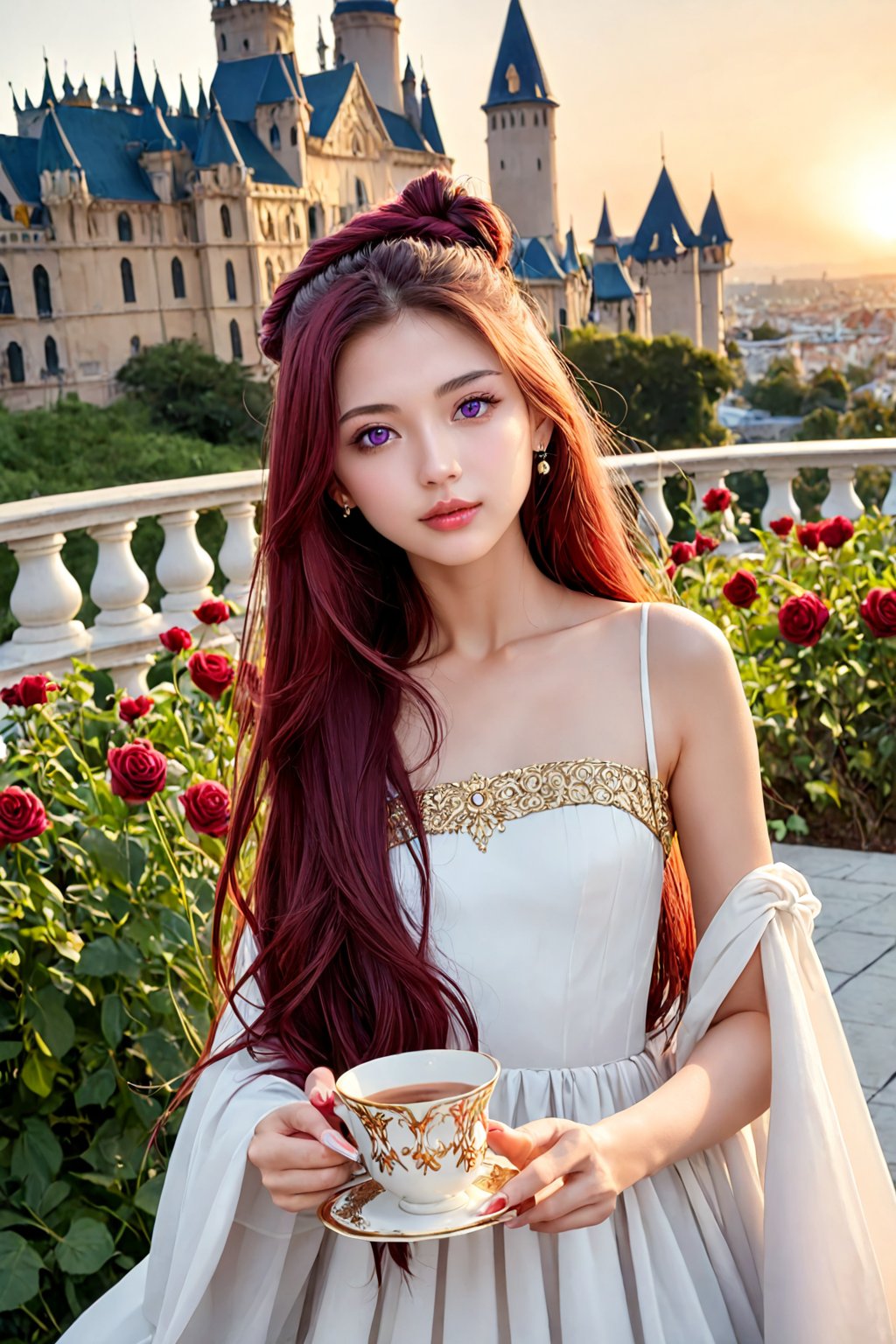 high resolution, (1 girl 15 years old), solo, ((extra wide shot)), cowboy shot, Waist up portrait, (long hair:1.6), (hair bun), garnet hair color, purple eyes, (ultra detailed), High quality shadow, 4K, ((beautiful face)), beautiful body, (beauty skin), best quality, ((masterpiece)), vintage end table, (Full fry breakfast on sunny morning food), (vintage tea cup with hot tea with steamed), extremely detailed cg, suggestive, (intricate details: 1.3), slim waist, (high quality wear and cloth), Ruffle Pleated Chiffon taffy dress, realistic, illustration, (outdoor), peacock, look at viewer, best ratio four finger and one thumb, ((behind view:1.6)), (sunrise in the field),  ((arctic cloth color)), quality hand, High quality texture, a realistic representation of the face, (lie face down: 1.4), clear light, Red and peach roses in gold flower, ((an ancient fantasy city and castle background)), (Beautiful and clean nails), pearls, ornament, 
(score_9, score_8_up), score_7_up, score_6_up