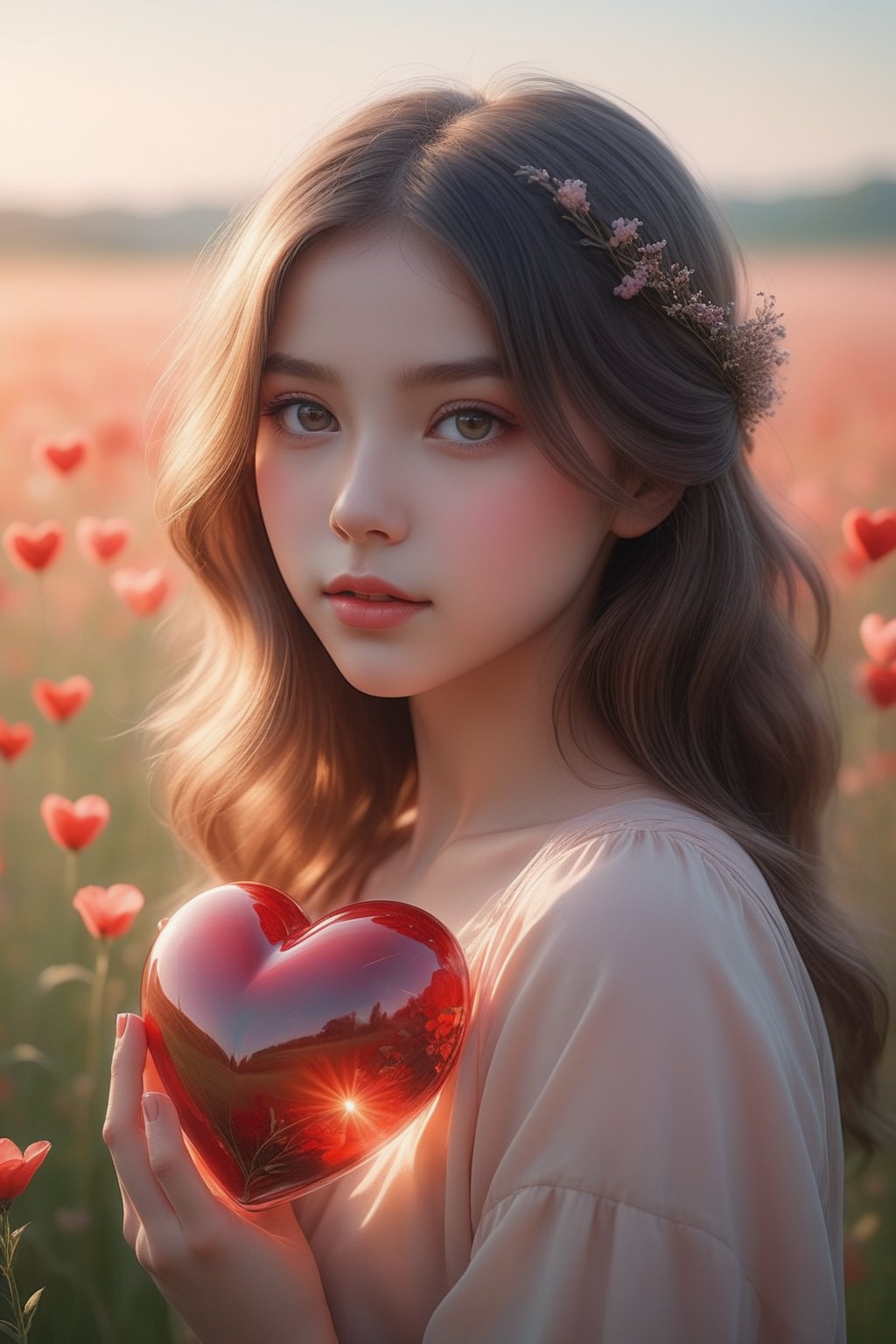 (masterpiece), (absurdres:1.3), (ultra detailed), HDR, UHD, 16K, ray tracing, vibrant eyes, perfect face, award winning photo, A silhouette of a young girl with flowing hair, standing in a field. She holds a red heart-shaped object, possibly a flower, in her hand. The background is framed within a heart shape, with a gradient of colors transitioning from a light beige at the top to a darker hue at the bottom. The overall mood of the image is serene and dreamy, evoking feelings of love and tranquility., painting, conceptual art, illustration shiny skin, (shy blush:1.1), (dynamic action pose:1.3) ,slightly smile, lens flare, photo quality, big dream eyes, ((perfect eyes, perfect fingers)) ,kawaii, (Sharp focus realistic illustration:1.2), adorable,