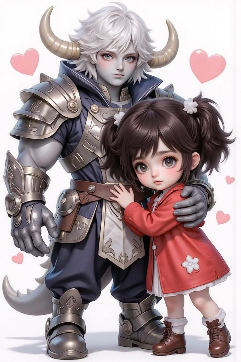 A cute girl,  bubbly chibi-style illustration of a small character with exaggeratedly big eyes,  (hugging a giant figure m...
