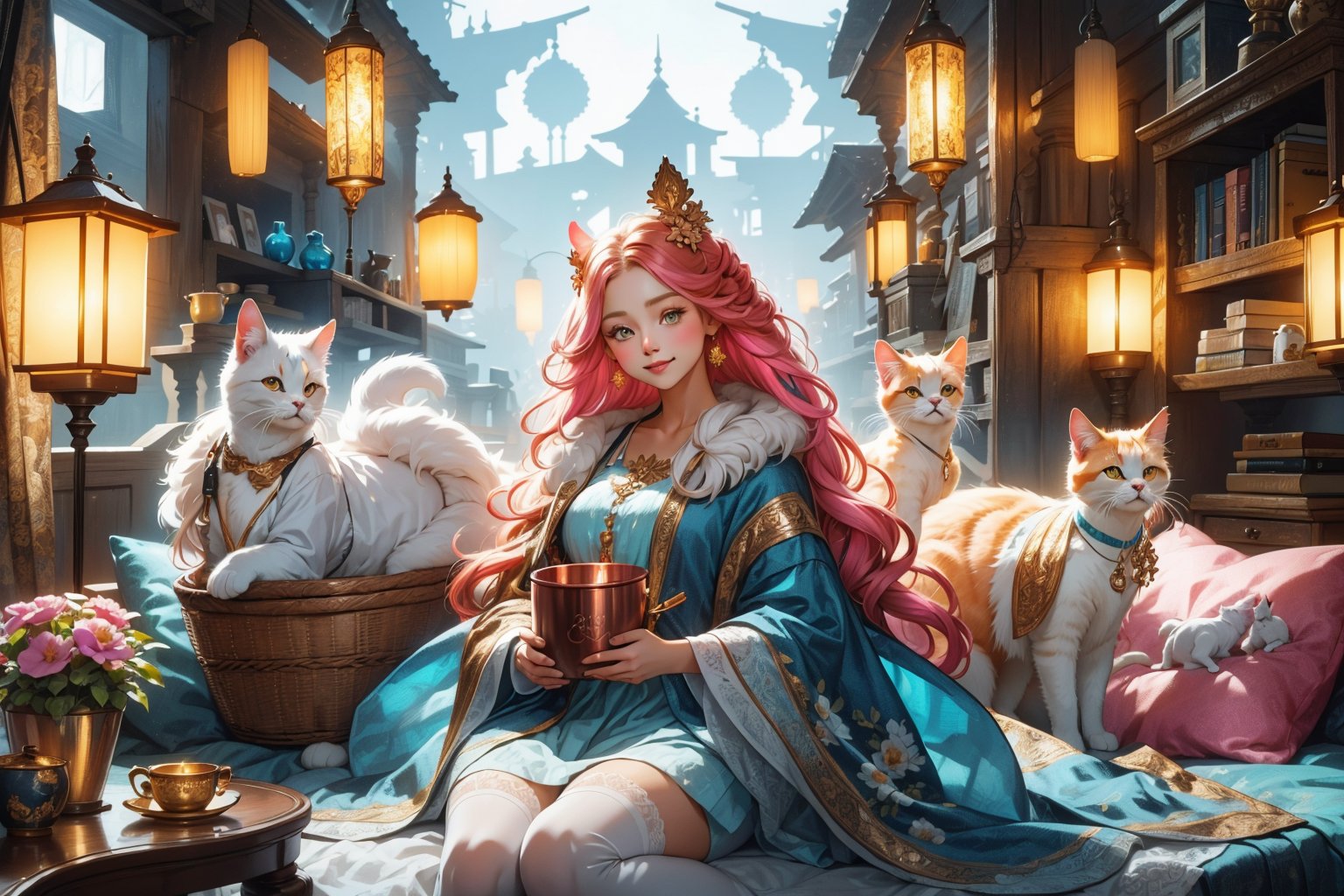 (best quality,ultra-detailed,cute animals,vivid colors,soft lighting,digital illustration,fluffy fur,playful expressions,adorable poses,dreamy atmosphere,colorful surroundings), digital art, child, cute cat, 16K, cool wallpaper, things, jasmine, pillows, clutter, toy, basket, wood, pot, can copper, garden yard, circle face, smile, sharp focus, HDR, long hair, Add more details