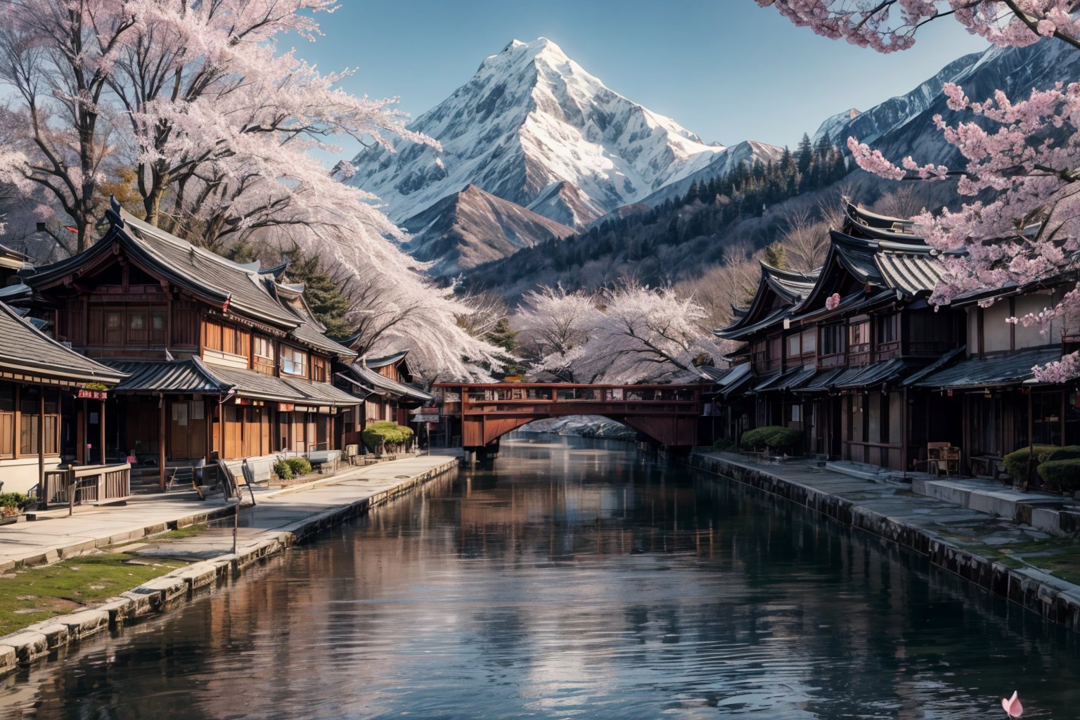 ((1girl)),solo, long hair, brown hair, black hair, dress, sitting, ponytail, outdoors, sky, day, cloud, water, from behind, white dress, tree, cherry blossoms, building, instrument, scenery, reflection, mountain, watercraft, architecture, house, bridge, east asian architecture, river, boat,