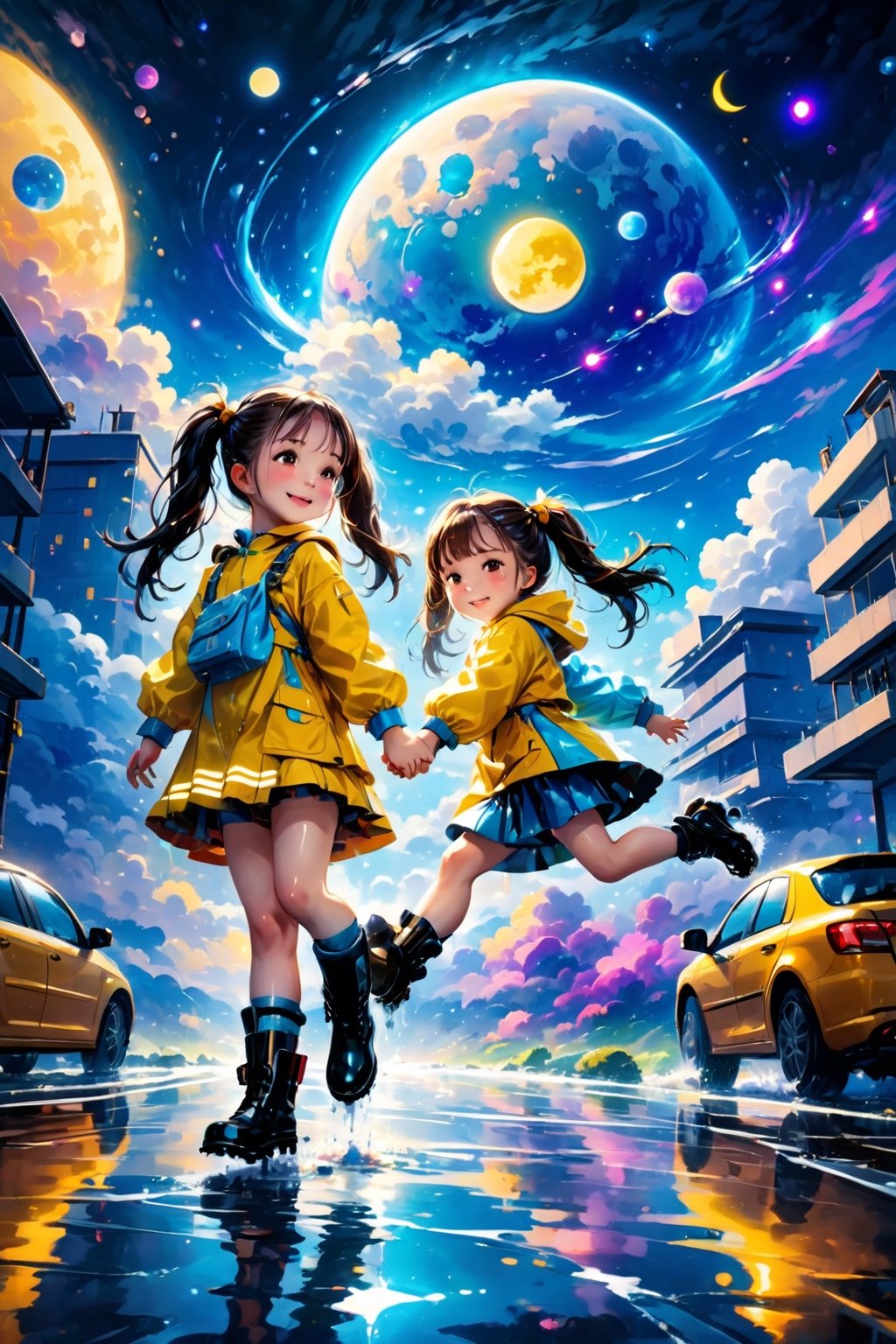 ultra detailed, (masterpiece, top quality, best quality, official art, beautiful and aesthetic:1.2),  Two girls playing in puddles wearing rain boots. In the center of the puddles,  there is a clear reflection of the transparent water surface with bright light reflecting upon it. The girls are dressed in yellow raincoats and wearing boots,  allowing them to play in the puddles without getting wet. One of them is an energetic girl with her hair tied up in pigtails,  while the other has cute short twin tails. Holding hands,  they jump and frolic,  creating splashes of water. The weather is fine after the rain,  and a vibrant rainbow stretches across the background,  creating a joyful atmosphere,  Dark night,  wind blowing,  stary night,  night sky,  absurderes,  high resolution,  Ultra detailed backgrounds,  highly detailed hair,  Calm tones,  (Geometry:1.42),  (Symmetrical background:1.4),  Photograph the whole body,  from below,  Backlighting of natural light,  falling petals,  the source of light is the moon light,  colorful wear,  (adorable difference face:1.4), (sharp focus:1.3), cyberpunk style