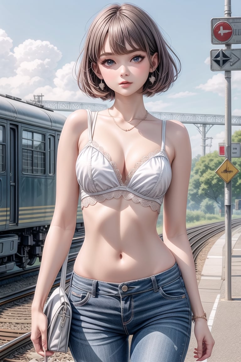 A dynamic day scene at a railroad crossing with railroad tracks leading to a train station. A boy in pants and short hair,...