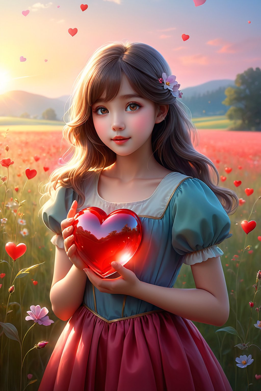 (masterpiece), (absurdres:1.3), (ultra detailed), HDR, UHD, 16K, ray tracing, vibrant eyes, perfect face, award winning photo, A silhouette of a young girl with flowing hair, standing in a field. She holds a red heart-shaped object, possibly a flower, in her hand. The background is framed within a heart shape, with a gradient of colors transitioning from a light beige at the top to a darker hue at the bottom. The overall mood of the image is serene and dreamy, evoking feelings of love and tranquility., painting, conceptual art, illustration shiny skin, (shy blush:1.1), (dynamic action pose:1.3) ,slightly smile, lens flare, photo quality, big dream eyes, ((perfect eyes, perfect fingers)) ,kawaii, (Sharp focus realistic illustration:1.2), adorable,