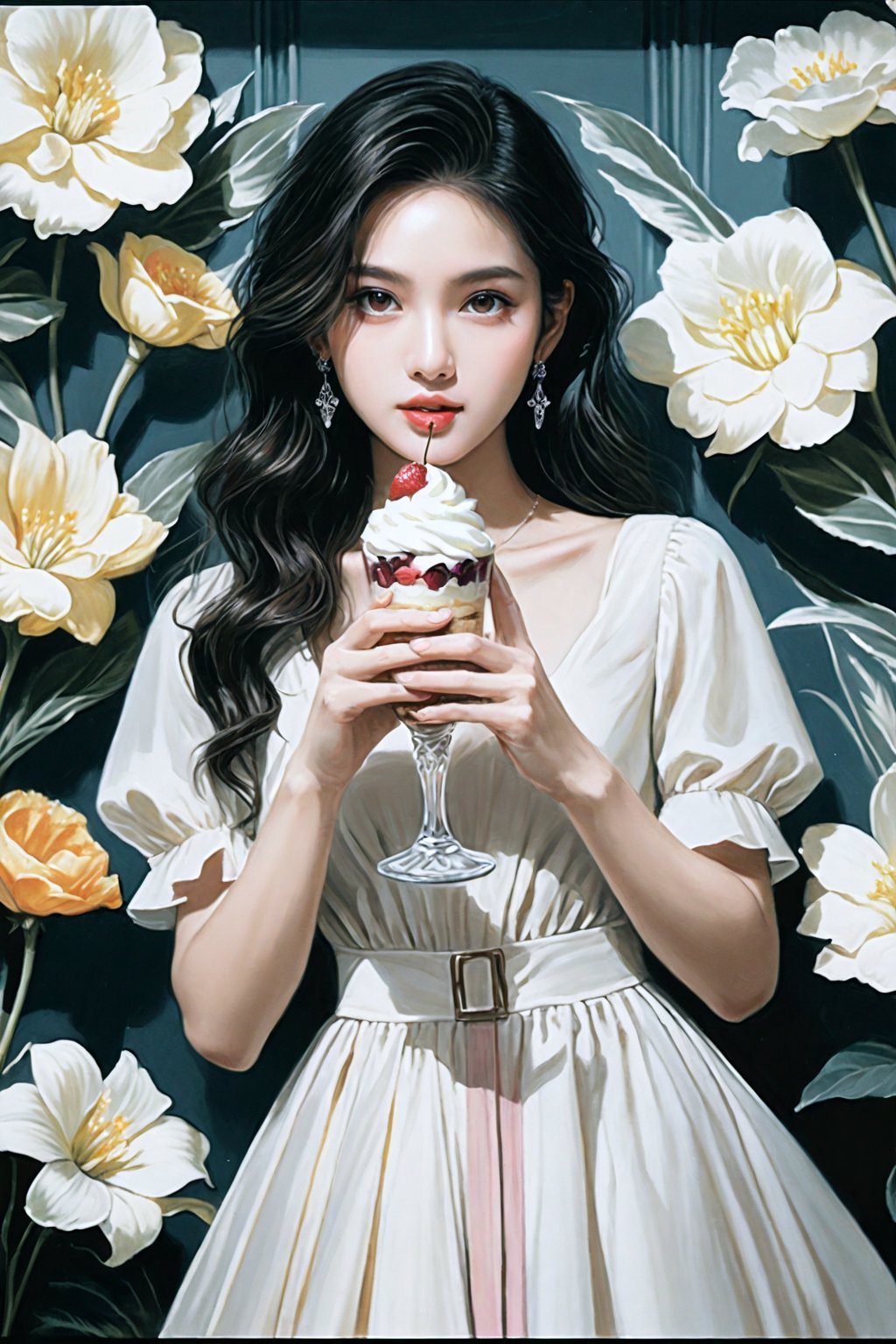 high contrast, highly detailed, 4k, 8k, HD,  digital art, ultra detailed, (masterpiece, top quality, best quality, official art, perfect face:1.2), UHD, (cinematic, azure and light pink:0.85), 32K, (Beautifully Detailed Face and Fingers), (muted colors, dim colors), vanilla dress, young beautiful girl, dynamic posing, art, 1girl, pop culture modern aesthetic cafe, bright, (flower wall:2), (parfait, dessert :1.4), (Five Fingers for Each Hand), (5fingers, detailed hand:1.2),(fine fingers, real hands, real fingers :1.5),More Details