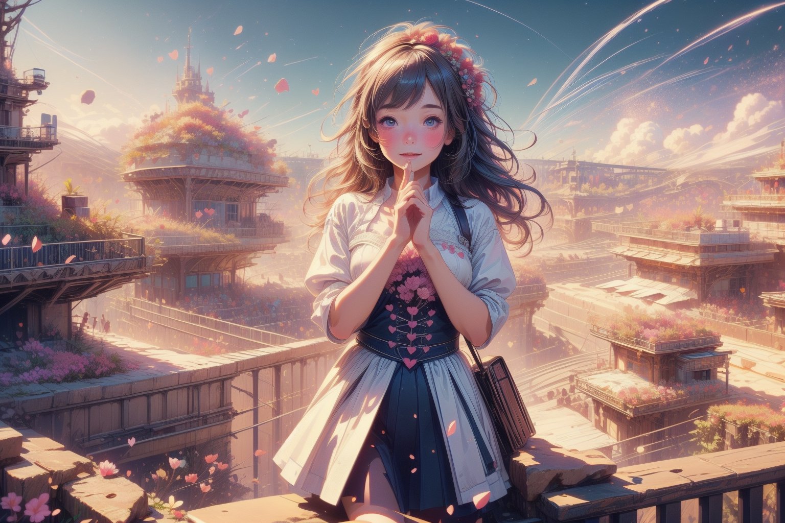 (best quality),(masterpiece:1.1),(extremely detailed CG unity wallpaper:1.1), (colorful:1.2),(panorama shot:1.4),looking at viewer,from above,2 girls ,15yo, (Disney cosplay :1.4), (Disney land Tokyo background :1.4), adorable hair, fun, smile, flowers (innocent grey), 16K, UHD, HDR, rose, twilight, perfect shadow, (perfect fingers :1.4), perfect face, five fingers for each hand, (heart hands pose :1.4), FANTASY ,beehive fireworks,cute_girl