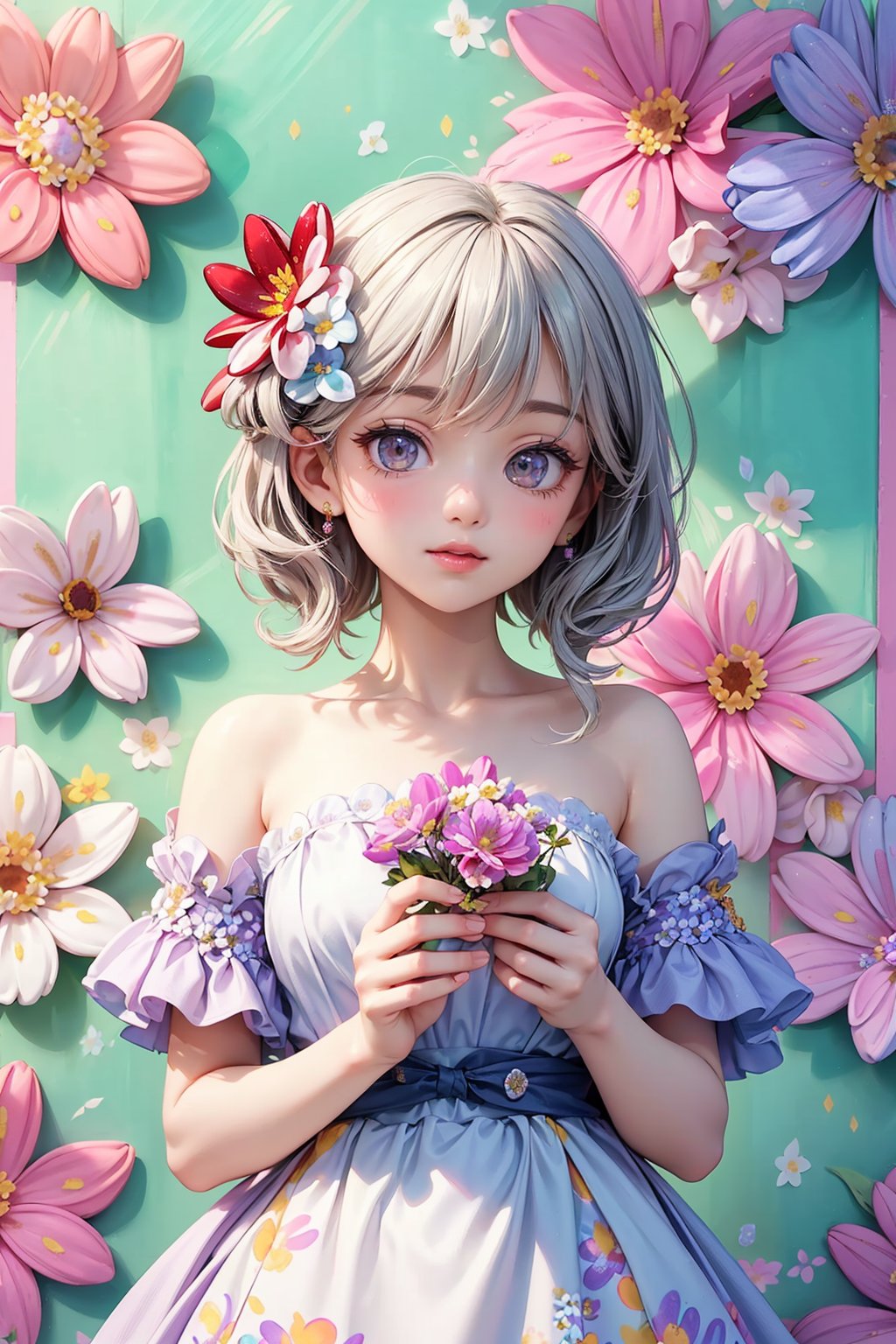 ultra detailed, (masterpiece, top quality, best quality, official art, perfect face:1.2), UHD, (cinematic, azure and light pink:0.85), 32K, (Beautifully Detailed Face and Fingers), (Five Fingers) Each Hand, (muted colors, dim colors), vanilla dress, young beautiful girl, dynamic posing, art, 1girl, pop culture modern aesthetic cafe, bright, (flower wall:2), (parfait, dessert :1.4), more detailed,