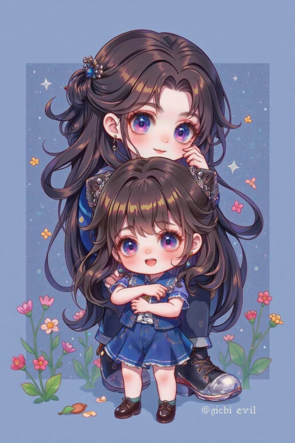 A cute girl,  bubbly chibi-style illustration of a small character with exaggeratedly large eyes,  gleefully hugging a gia...