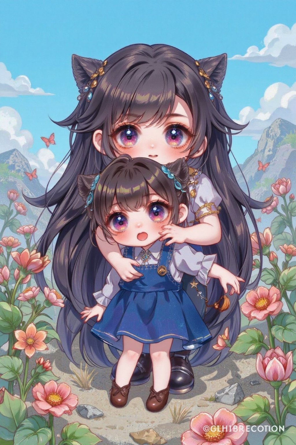 A cute girl,  bubbly chibi-style illustration of a small character with exaggeratedly large eyes,  gleefully hugging a gia...