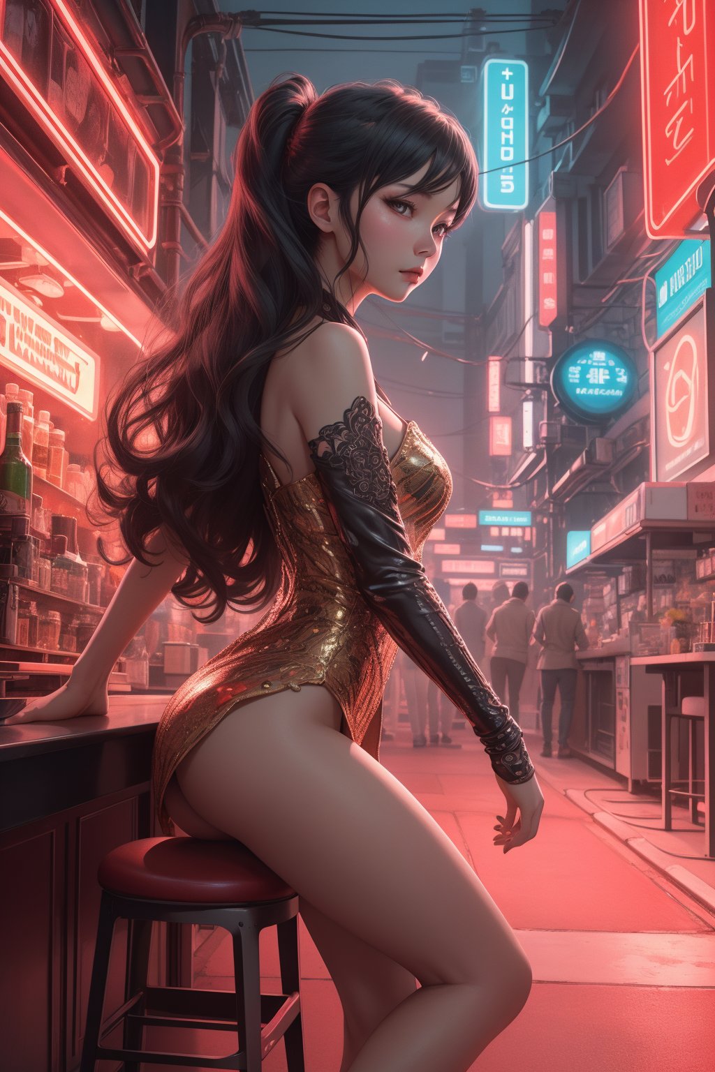 (ultra detailed, ultra highres), (masterpiece, top quality, best quality, official art :1.4), (high quality:1.3), A sultry sexual android perches on a stool, its metallic curves glistening under the pulsing neon lights of the cyberpunk club. The air is thick with the sweet scent of smoky whiskey and the murmur of hushed conversations. Before it, a rainbow-colored drink glows like a miniature cityscape, awaiting the android's selection. Its gaze, a piercing fusion of human and machine, holds the promise of intimacy and connection for anyone brave enough to approach, Movie Poster, 