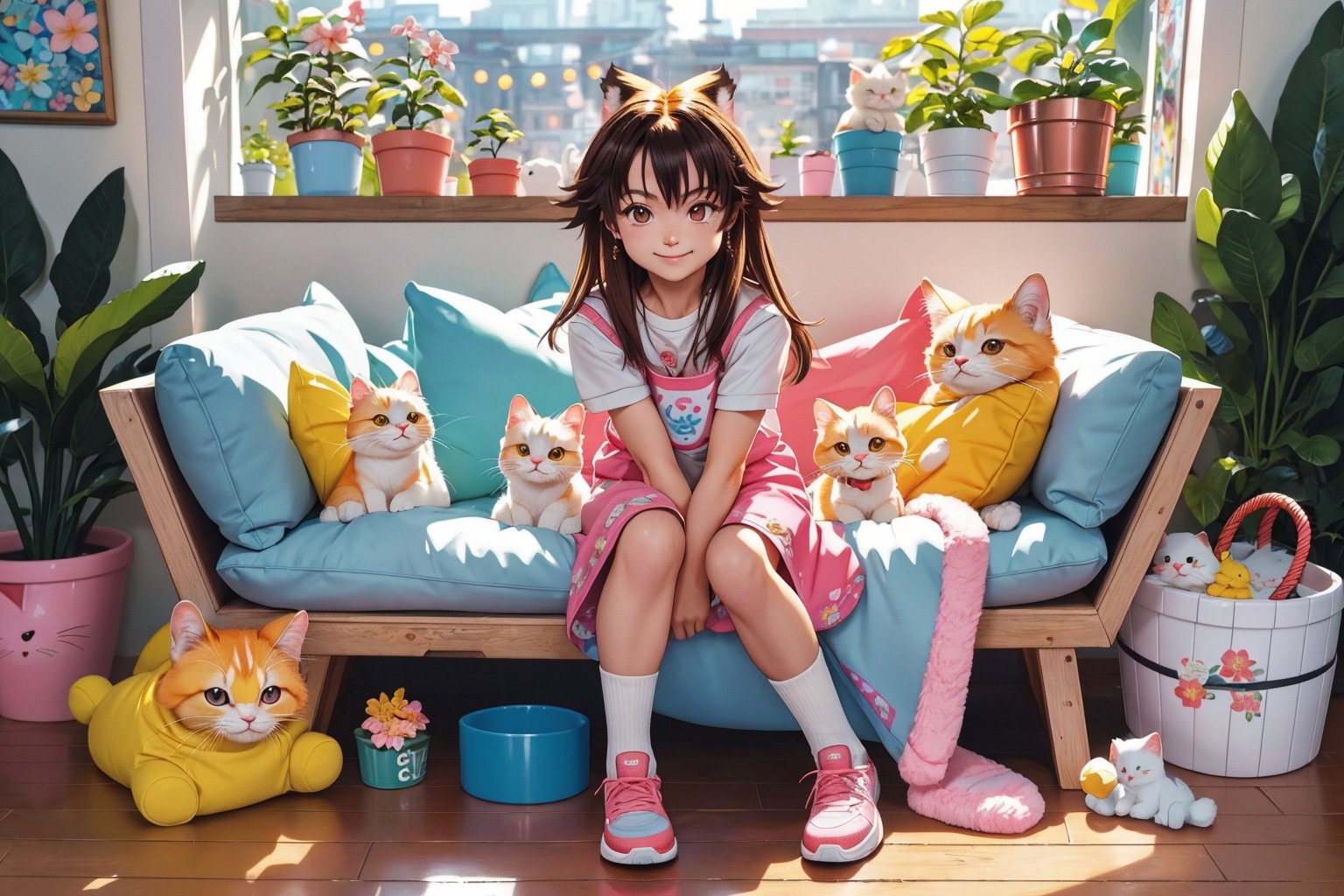 (best quality,ultra-detailed,cute animals,vivid colors,soft lighting,digital illustration,fluffy fur,playful expressions,adorable poses,dreamy atmosphere,colorful surroundings), (art by Makoto :1.5), digital art, child, cute cat, 16K, cool wallpaper, things, jasmine, pillows, clutter, toy, basket, wood, pot, can copper, garden yard, circle face, smile, sharp focus, HDR, (Straight hair, long hair), shoes,👟,Add more details