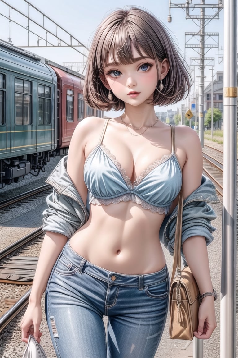A dynamic day scene at a railroad crossing with railroad tracks leading to a train station. A boy in pants and short hair,...