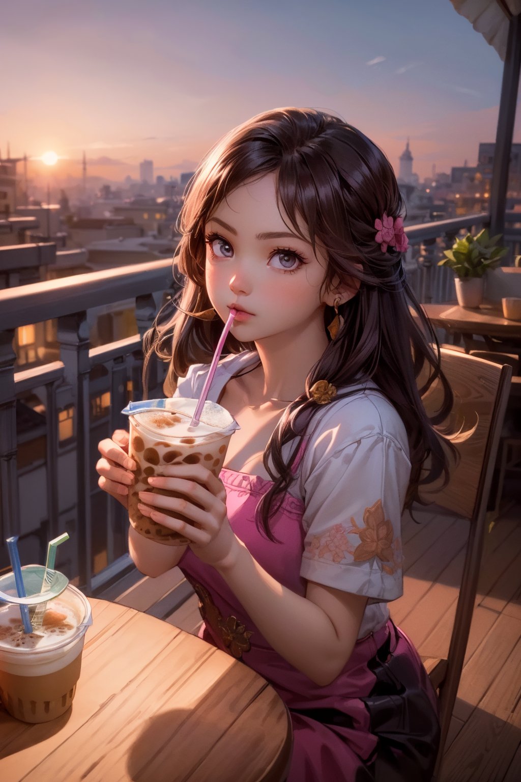 Adorable girl, perfect face, (best quality, masterpieces:1.3), (beautiful and aesthetic:1.2), colorful, dynamic angle, (Realistic:1.4), illustration, (high quality:1.3), (ultra detailed, ultra highres), 32K, (Beautifully Detailed Face and Fingers), (Five Fingers) Each Hand, sharp focus, professional dslr photo, photoreal, Thailand house style, (1 drinking straw, milk tea or other ,food on the balcony outside the room:1.5), See the evening view, forehead jewel, rose jewelry, nice hand, nice fingers, adorable style fashion, volumetric fx, ray tracing, (((intricate detailed))), extremely detailed CG, (hyper realism, soft light, dramatic light, sharp, HDR, UHD), perfect image, vivid color, (extra wide shot :1.5), (official art, extreme detailed, highest detailed), more detailed, Thai food style,sweets desert,(colorful pink-yellow sky), rosy skin, dream eyes, line art, 1girl,cute,tot-rose,hirose yasuho,Exquisite face,Abby P