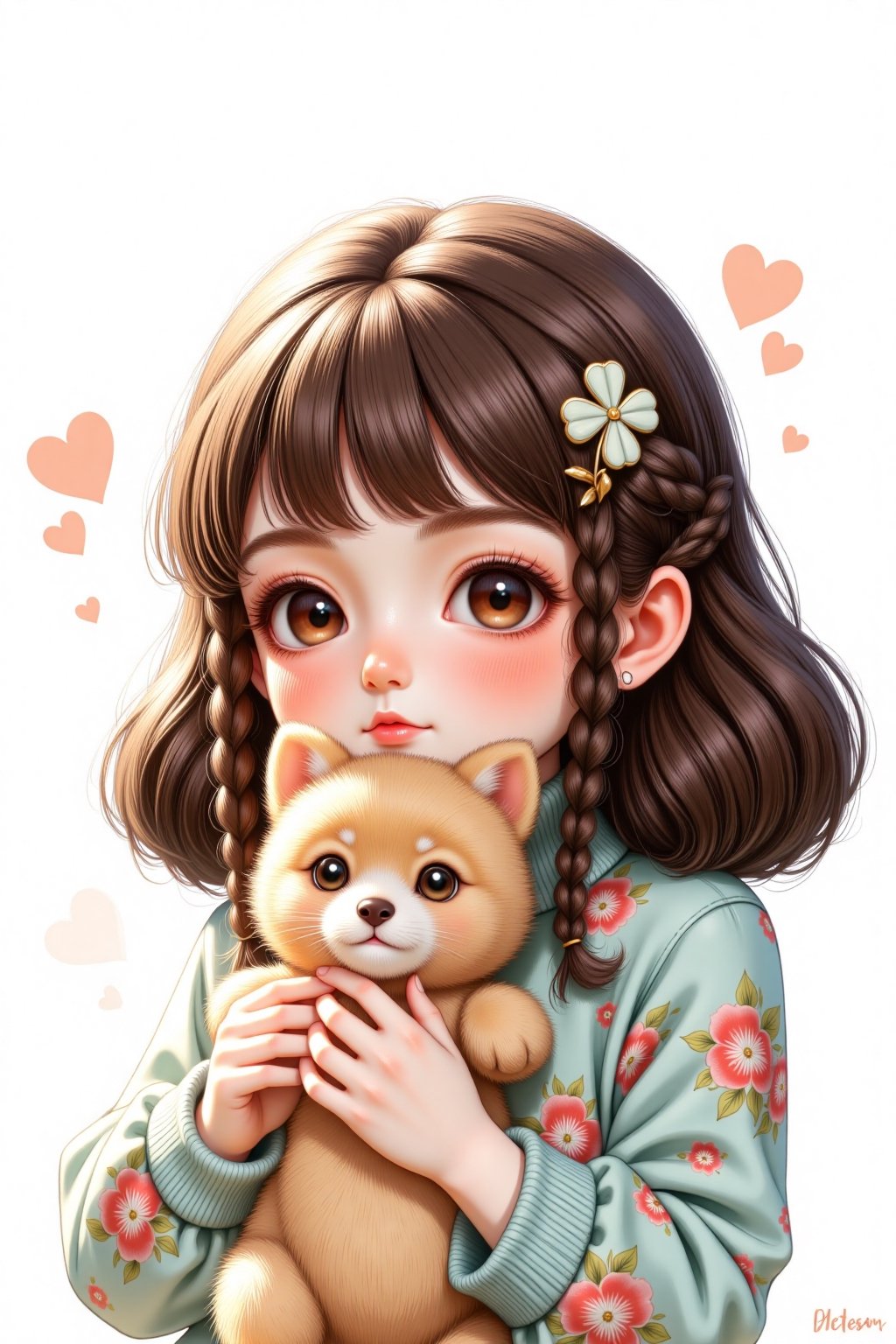 A cute girl,  bubbly chibi-style illustration of a small character with exaggeratedly big eyes,  (hugging a giant figure m...