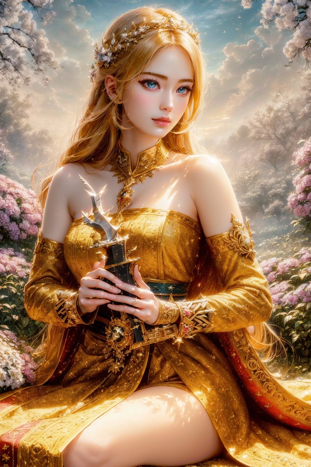 (masterpiece), (absurdres:1.3), (ultra detailed), HDR, UHD, 16K, ray tracing, vibrant eyes, perfect face, award winning photo, ((( 1 girl ))), with long hair, blond-green hair with bangs, bronze eyes, detailed face, wearing a fancy ornate (((folk dress))), shoulder armor, armor, glove, hairband, hair accessories, striped, (holding the great weapon:1.7), jewelery, thighhighs, pauldrons, side slit, capelet, vertical stripes, looking at viewer, fantastical and ethereal scenery, daytime, church, grass, flowers. Intricate details, extremely detailed, incredible details, full colored, complex details, hyper maximalist, detailed decoration, detailed lines, best quality, dynamic lighting, perfect anatomy, realistic, more detail, ,Architect, shiny skin, (shy blush:1.1), (dynamic action pose:1.3) ,slightly smile, lens flare, photo quality, big dream eyes, ((perfect eyes, perfect fingers)) ,kawaii, (Sharp focus realistic illustration:1.2), holding stuff, ,candystyle,philia,TG,Detailedface