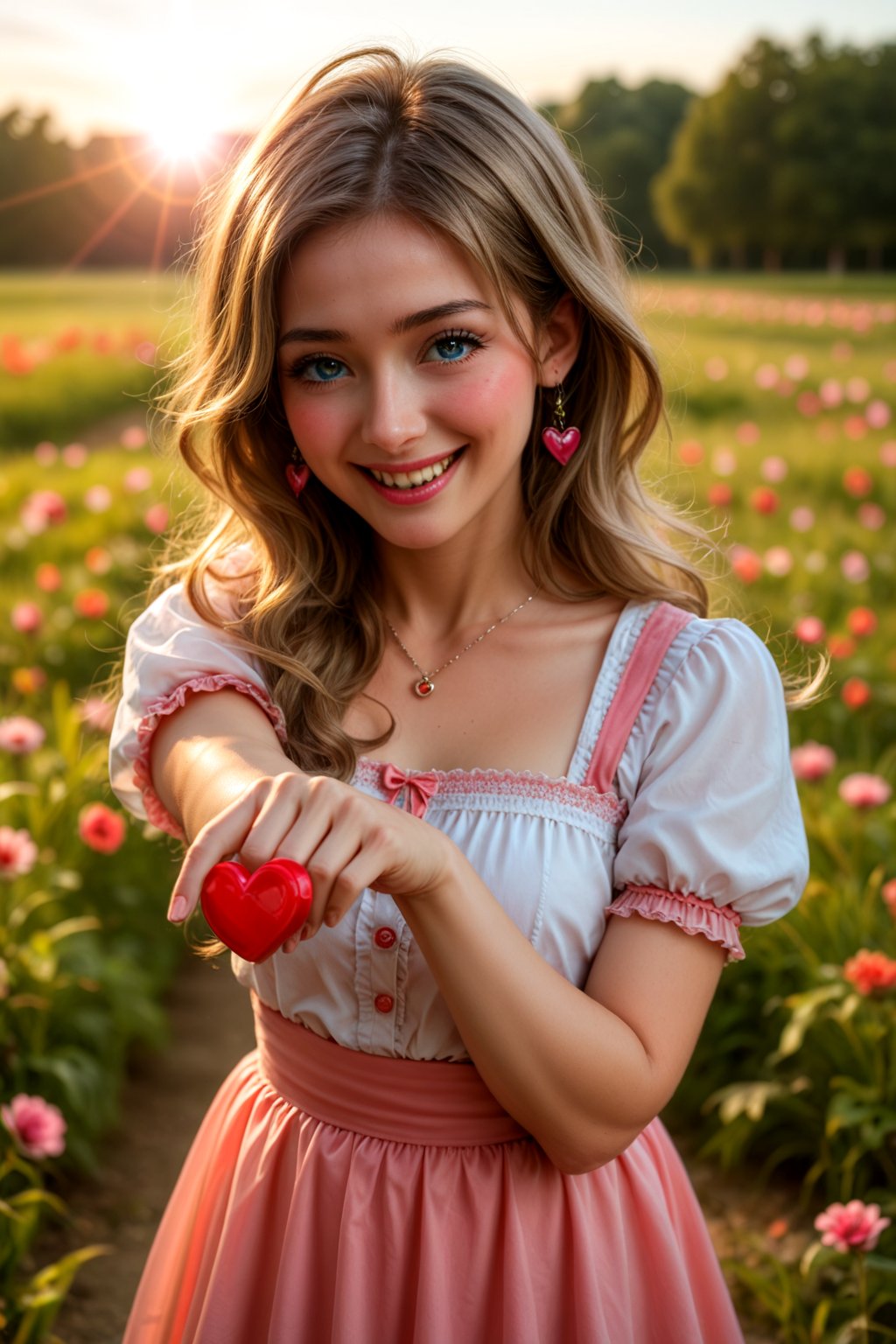 (masterpiece), (absurdres:1.3), (ultra detailed), HDR, UHD, 16K, ray tracing, vibrant eyes, perfect face, award winning photo, A silhouette of a young girl with flowing hair, standing in a field. She holds a red heart-shaped object, possibly a flower, in her hand. The background is framed within a heart shape, with a gradient of colors transitioning from a light beige at the top to a darker hue at the bottom. The overall mood of the image is serene and dreamy, evoking feelings of love and tranquility., painting, conceptual art, illustration shiny skin, (shy blush:1.1), (dynamic action pose:1.3) ,slightly smile, lens flare, photo quality, big dream eyes, ((perfect eyes, perfect fingers)) ,kawaii, (Sharp focus realistic illustration:1.2), adorable,