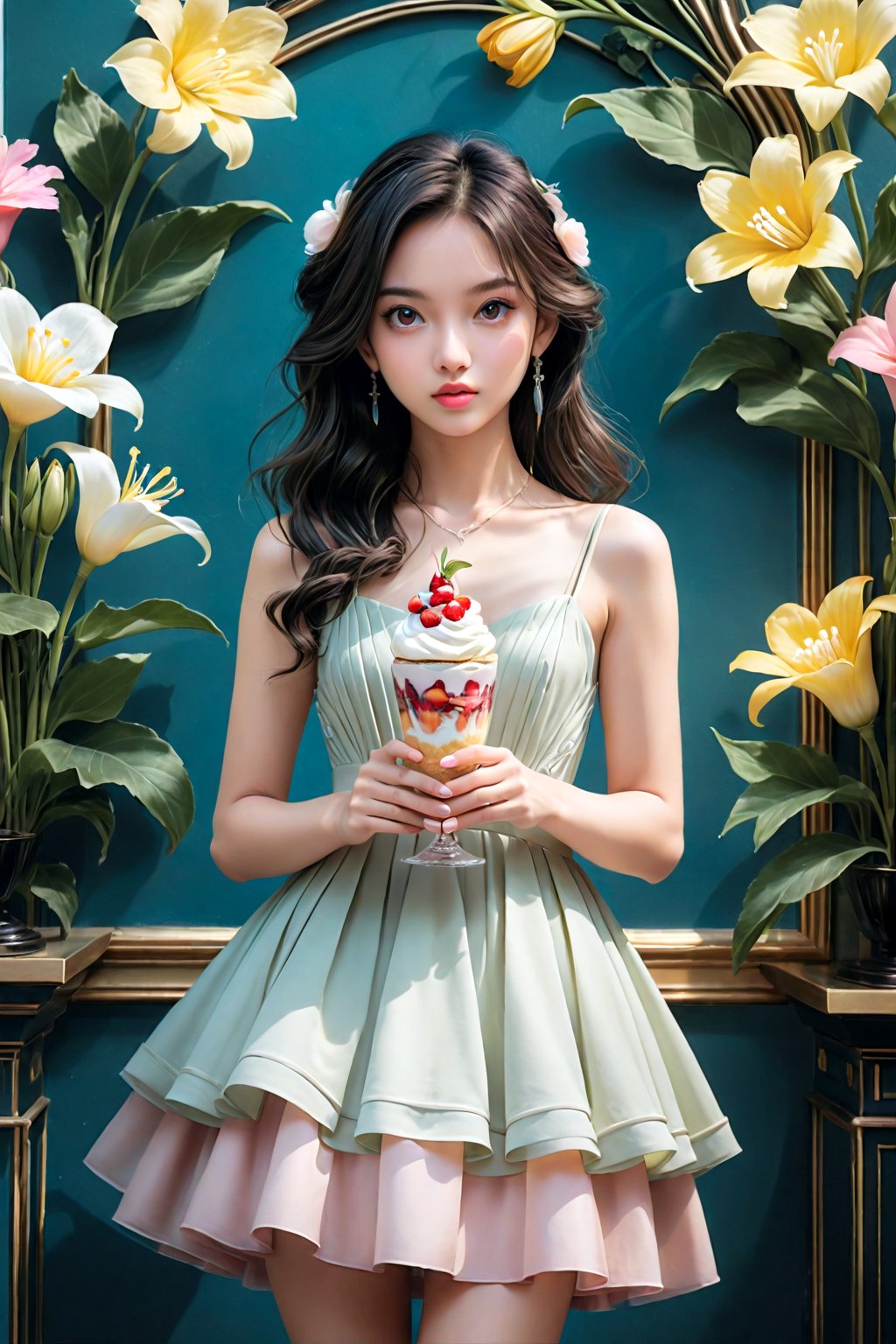 high contrast, highly detailed, 4k, 8k, HD,  digital art, ultra detailed, (masterpiece, top quality, best quality, official art, perfect face:1.2), UHD, (cinematic, azure and light pink:0.85), 32K, (Beautifully Detailed Face and Fingers), (muted colors, dim colors), vanilla dress, young beautiful girl, dynamic posing, art, 1girl, pop culture modern aesthetic cafe, bright, (flower wall:2), (parfait, dessert :1.4), (Five Fingers for Each Hand), (5fingers, detailed hand:1.2),(fine fingers, real hands, real fingers :1.5),More Details