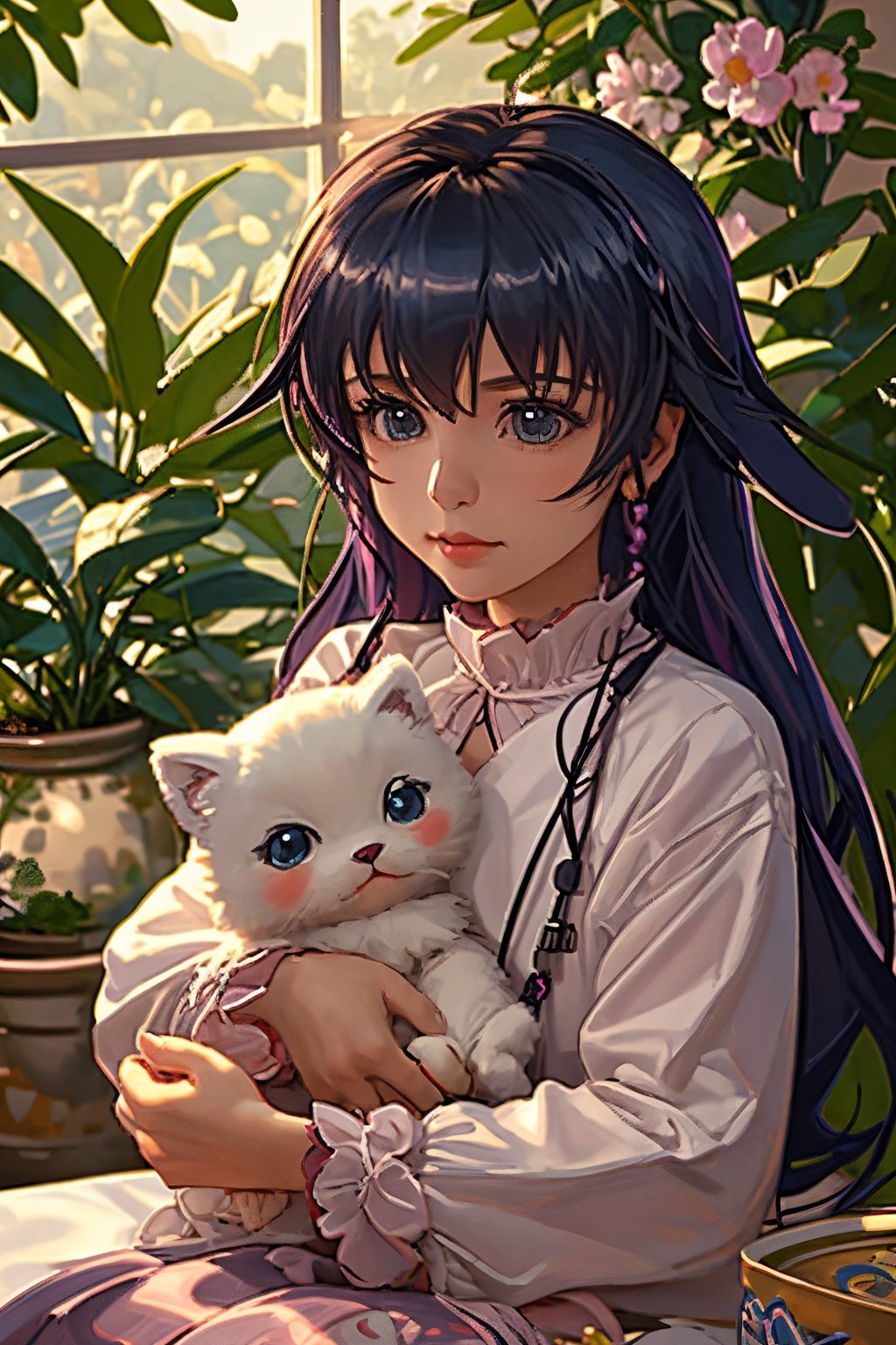 Masterpiece, beautiful details, perfect focus, 8K, high resolution, exquisite texture in every detail, 1girl, solo, looking at viewer, blush, smile, bangs, blue eyes, hair ornament, purple hair, hair rings, twin braids, hair flower, hair ribbon, longhair, hair between eyes, (best quality,ultra-detailed,cute animals,vivid colors,soft lighting,digital illustration,fluffy fur,playful expressions,adorable poses,dreamy atmosphere, colorful surroundings), (art by Makoto :1.5), digital art, child, cute cat, 16K, cool wallpaper, things, jasmine, pillows, clutter, toy, basket, wood, pot, can, copper, garden yard, smile, sharp focus, HDR,Add more details,