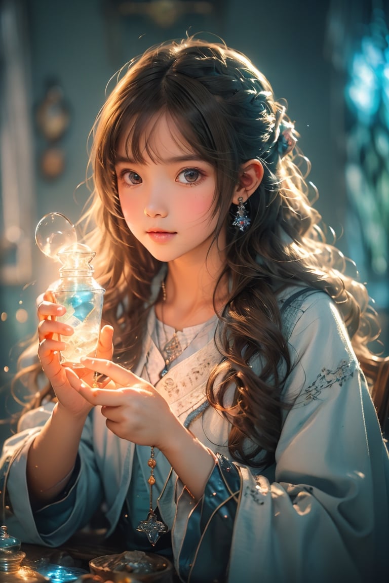 ((1girl, 12year old girl:1.5)),loli, petite girl, beautiful shining body, bangs,((darkbrown hair:1.3)),(aquamarine eyes), (perfect face),  top quality,  (official art :1.2),  (HDR:1.4),  UHD,  (beautiful and aesthetic:1.2),  high definition,  high quality,  detailed face,  high resolution,  highly detailed,  extremely detailed background,  (ultra detailed),  perfect lighting,  (photorealistic :1.37),  (8k, 16K,  best quality,  masterpiece:1.2),  (ultra highres:1.0), realistic,  epic, 1girl, really cute young ginger girls' smiles, creating a joyful atmosphere, potion mistress, magic, (lots of colorful potions :1.3), glowy smoke, tetradic colors, bubly, (detailed alchemist room:1.6), volumetric lights,  very detailed potions and alchemy laboratory scenery,  colorful,  dynamic,  visually rich,  whimsical,  fairy tale, 
(long hair,  cute hairstyle:1.5), absurdres,  (cinematic shot:1.4),  (muted colors,  dim colors,  soothing tones:1.3) ,dynamic angle, wide shot, the source of light is the moon light,happiness,  (perfect hands, perfect fingers, nice hands :1.4),  big dream eyes, (perfect body:1.4), glass, Realistic, (atelier style:1.3),1girl,ice