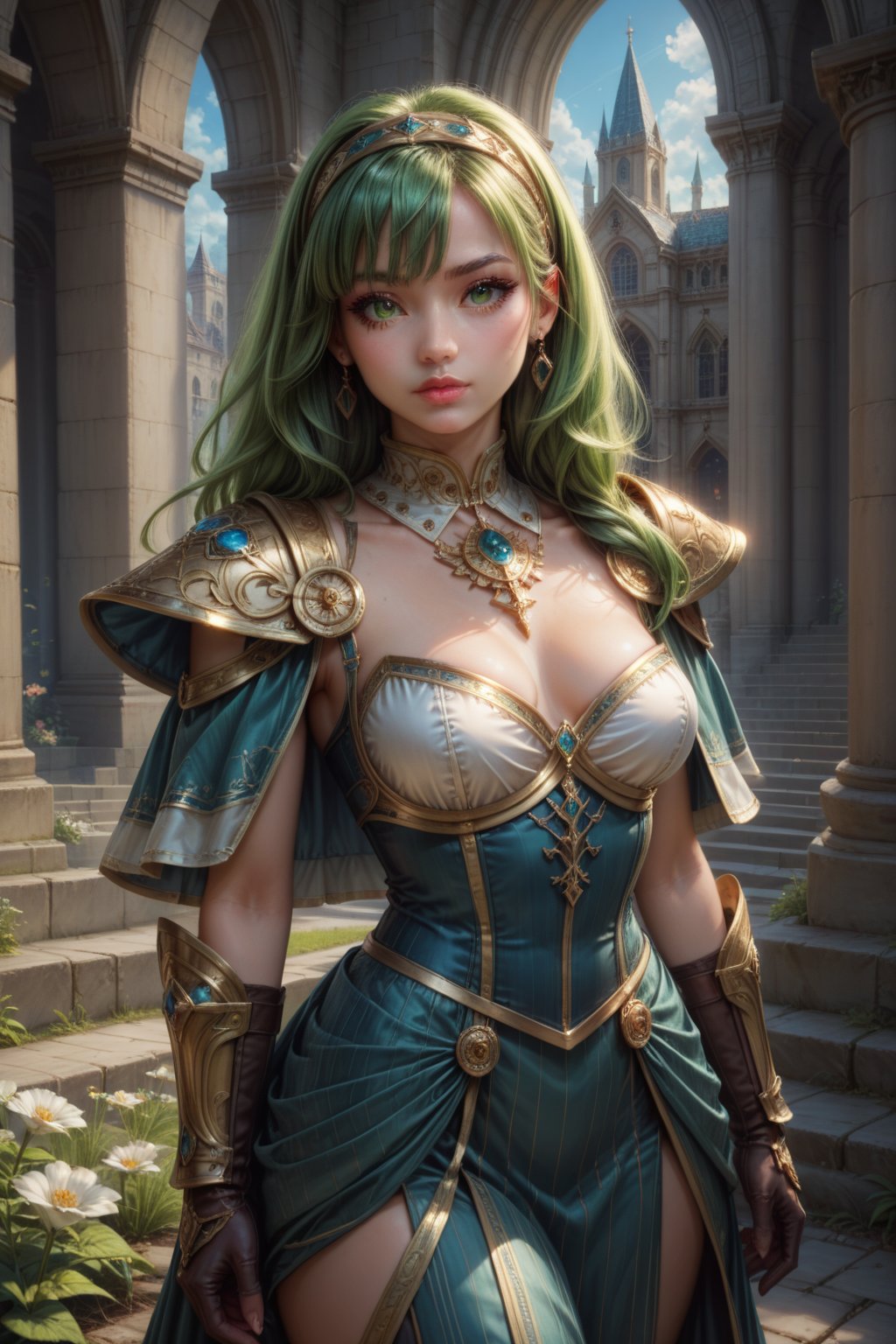 score_9, score_8_up, score_8, masterpiece, official art, ((ultra detailed)), (ultra quality), high quality, perfect face, 1 girl with long hair, blond-green hair with bangs, bronze eyes, detailed face, wearing a fancy ornate (((folk dress))), shoulder armor, armor, glove, hairband, hair accessories, striped, (holding the great weapon :1.4), jewelery, thighhighs, pauldrons, side slit, capelet, vertical stripes, looking at viewer, fantastical and ethereal scenery, daytime, church, grass, flowers. Intricate details, extremely detailed, incredible details, full colored, complex details, hyper maximalist, detailed decoration, detailed lines, best quality, HDR, dynamic lighting, perfect anatomy, realistic, more detail, Architecture, full juicy lips, perfect green eyes, (soft cute face), breast,