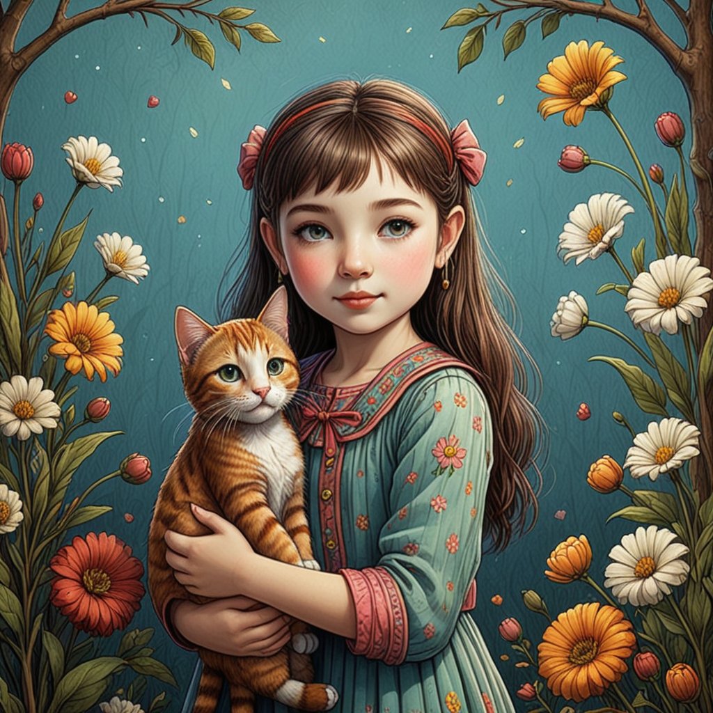 Whimsical folk art picture of a (little sweet girl) and (cat) hugging each other.
,Perfect skin,APEX colourful ,aw0k straightstyle