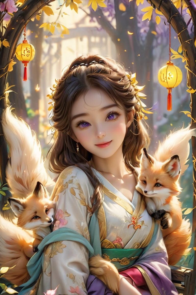 Beautiful 1girl, ((12 years old)), (masterpiece, top quality, best quality, official art, beautiful and aesthetic:1.2), (holding cute fox), cute fox, funny pose, (seat on the swing :1.5), outside, With many animals, (executoner), extreme detailedw, colorful, highest detailed ((ultra-detailed)), (highly detailed CG illustration), ((an extremely delicate and beautiful)), cinematic light, niji style, Chinese house style, in the morning light, maple tree bloom, sunray through the leaves, beautiful eyes, ((light brown eyes)), perfect face, smiling happily, 32k ultra high definition, Pixar movie scene style, realistic high quality Portrait photography, eternal beauty, the lantern behind her emits a soft light, beautiful and dreamy, the flowers are in bloom, and the light bokeh serves as the background, (bronze eyes:1.4), ((purple and yellow hues)), nice hands, nice fingers, hanfu, outside, many animals ,1girl, sexual attraction, jewelry, 