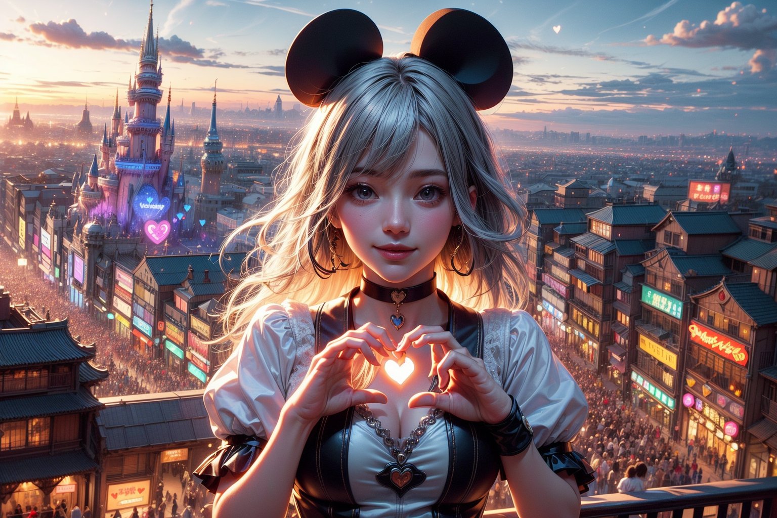 (best quality),(masterpiece:1.1),(extremely detailed CG unity wallpaper:1.1), (colorful:1.2),(panorama shot:1.4),looking at viewer,from above,2 girls ,15yo, (Disney cosplay :1.4), (Disney land Tokyo background :1.4), adorable hair, fun, smile, flowers (innocent grey), 16K, UHD, HDR, rose, twilight, perfect shadow, (perfect fingers :1.4), perfect face, five fingers for each hand, (heart hands pose :1.4), FANTASY ,beehive fireworks, ribbon choker, puffy short sleeves, magical girl