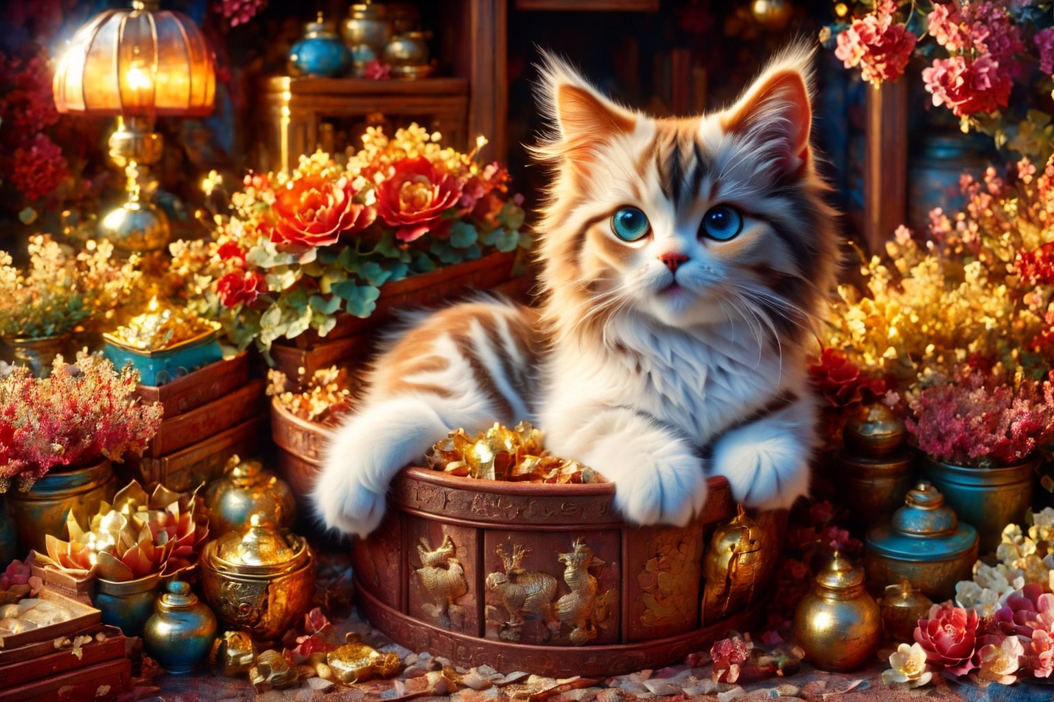 (best quality,ultra-detailed,cute animals,vivid colors,soft lighting,digital illustration,fluffy fur,playful expressions,adorable poses,dreamy atmosphere,colorful surroundings), (art by Makoto :1.5), digital art, child, cute cat, 16K, cool wallpaper, things, flowers, pillows, clutter, toy, basket, wood, pot, can copper, garden yard, circle face, smile,