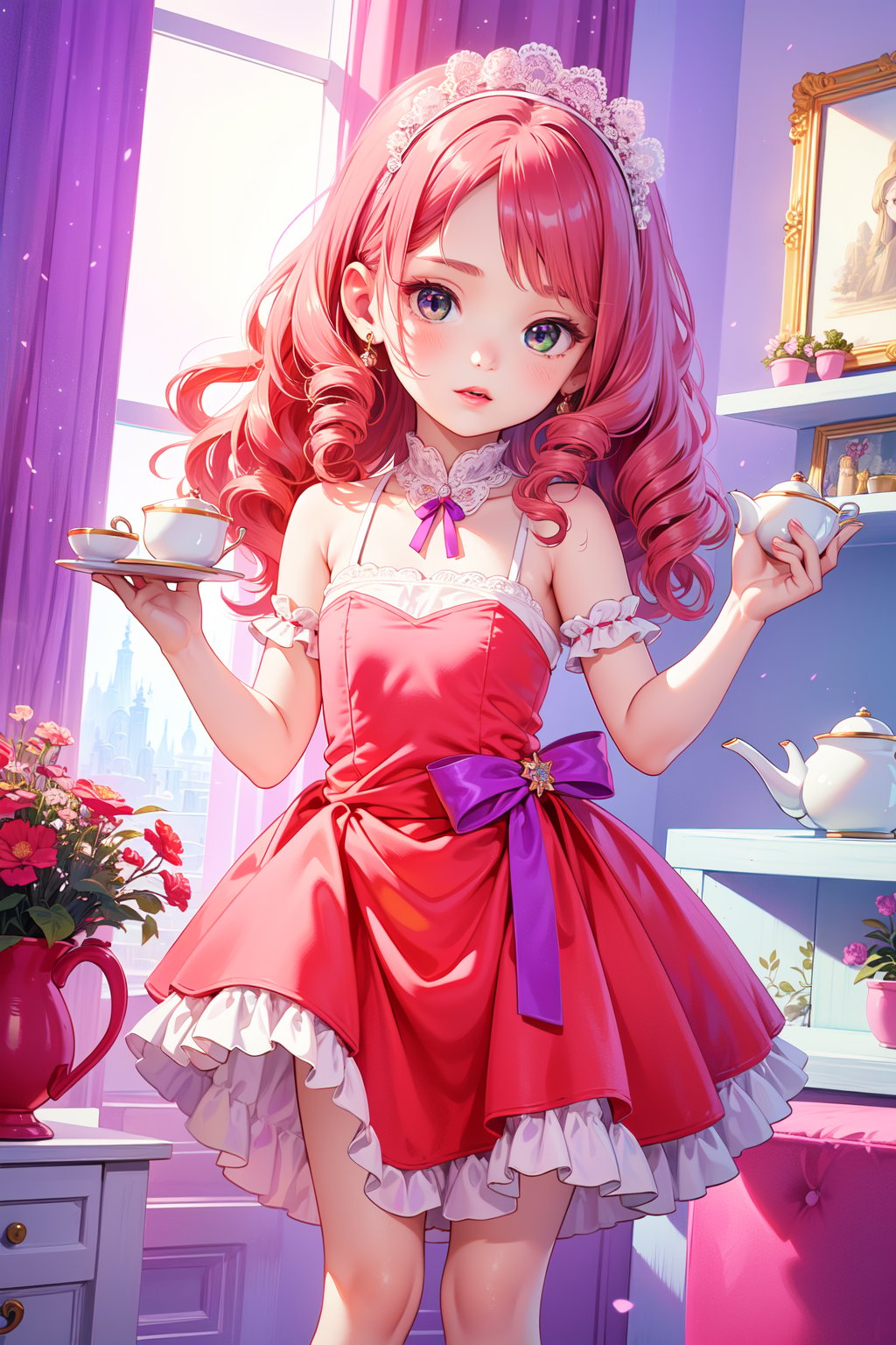 (extremely detailed CG unity wallpaper:1.1), (colorful:0.9),(panorama shot:1.4),16K, UHD, HDR, carnation, perfect shadow, perfect fingers, perfect face, (dynamic angle :1.4), adorable girl dressed in a (Bisque Doll-like girl outfit: 1.1), high resolution, perfect eyes:1.3, perfect face:1.3, long eyelashes, (masterpiece:1.3), best quality, nostalgic, (realistic: 1.4), (illustration: 1.2), random hair color, ((1 girl)), (14years old, loli:1.4), cute face, maid costume, pretty eyes, (making tea: 1.6), big cleaning, clutter, (Ray tracing: 1.3), clear delicate faces, Angelonia, Rich red dress with lots of lace and frills, (Waist up body: 1.5), perfect lighting, perfect shading, rim light, perfect anatomy, perfect hands, (best quality, masterpiece), gazebo, ((Bright Periwinkle)), (dynamic pose:1.3), hands up, flower pattern, flower pot, (green-purple eyes:1.3) red hair and wavy hair, very cute hair