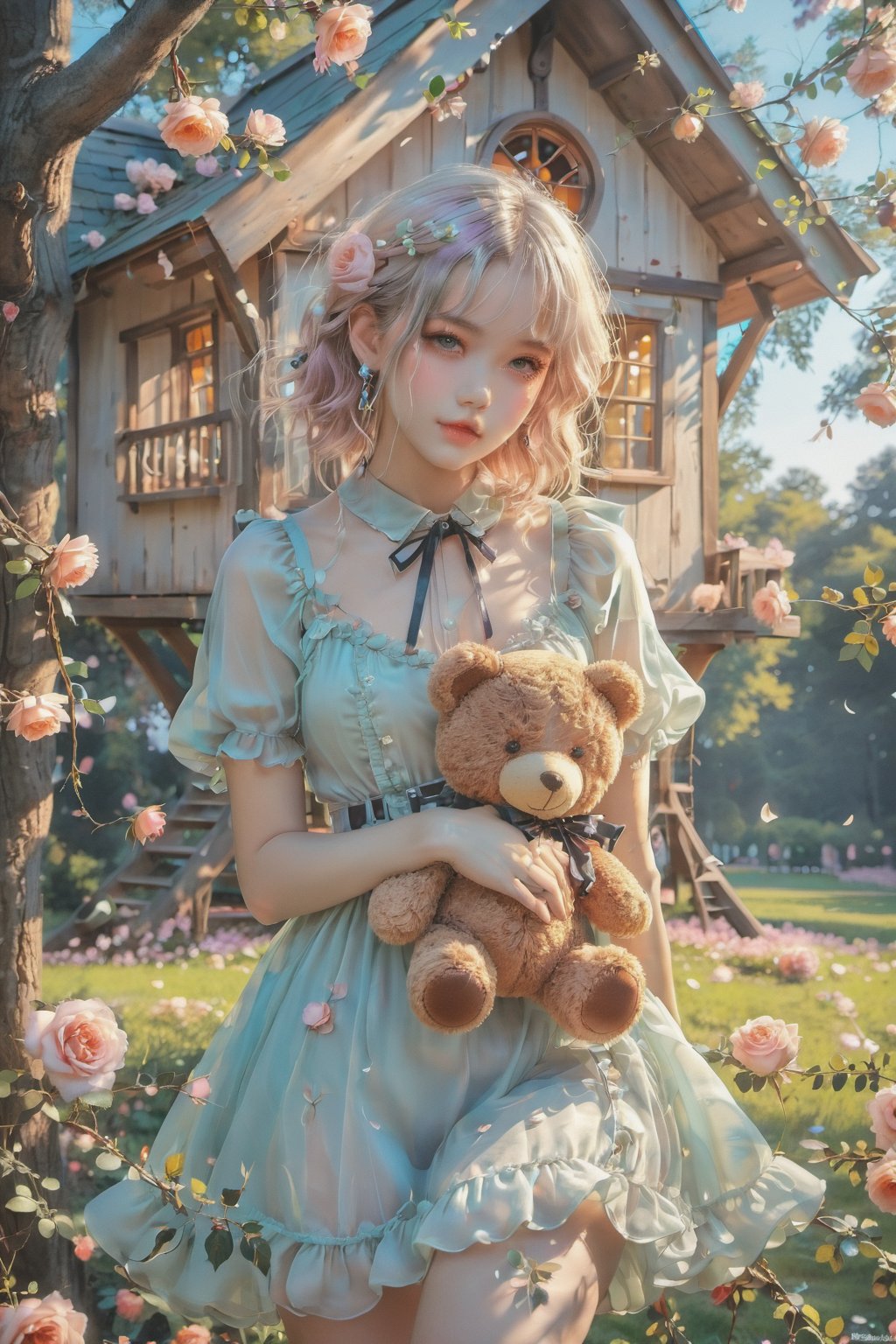 ultra detailed,  (masterpiece,  top quality,  best quality,  official art,  perfect face:1.2),  UHD,(cinematic,  azure and light pink:0.85),  (muted colors,  dim colors),  falling petals,  red roses , happiness, (wearing trendy fashion:1.4), chiffon sheer dress vanilla, (full field roses :1.4), (((hold a teddy bear))), dynamic posing, tree house, park, swing, cute_girl, pastel flowers , lilac, rose, Line art,1girl, Light master,More Reasonable Details,