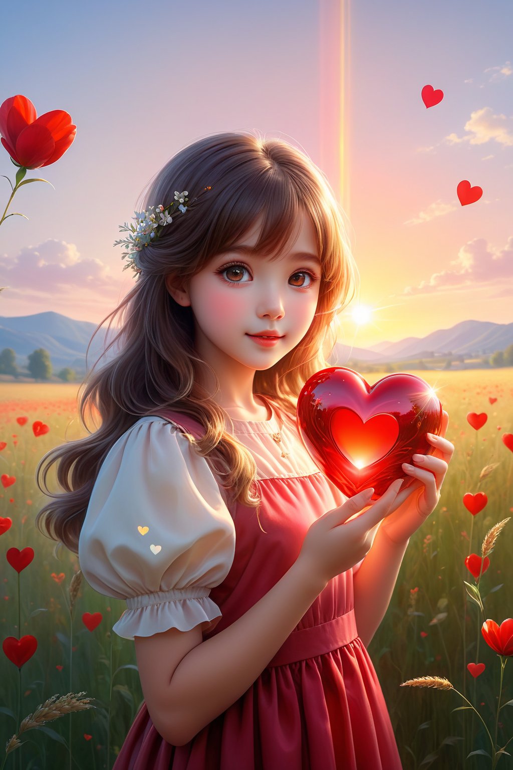 (masterpiece), (absurdres:1.3), (ultra detailed), HDR, UHD, 16K, ray tracing, vibrant eyes, perfect face, award winning photo, A silhouette of a young girl with flowing hair, standing in a field. She holds a red heart-shaped object, possibly a flower, in her hand. The background is framed within a heart shape, with a gradient of colors transitioning from a light beige at the top to a darker hue at the bottom. The overall mood of the image is serene and dreamy, evoking feelings of love and tranquility., painting, conceptual art, illustration shiny skin, (shy blush:1.1), (dynamic action pose:1.3) ,slightly smile, lens flare, photo quality, big dream eyes, ((perfect eyes, perfect fingers)) ,kawaii, (Sharp focus realistic illustration:1.2), adorable,